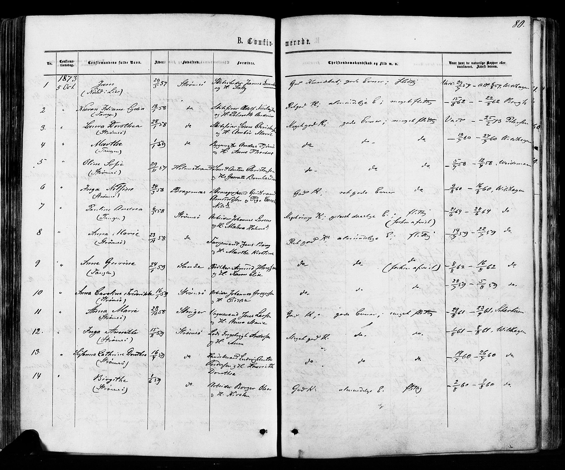 Strømsø kirkebøker, AV/SAKO-A-246/F/Fa/L0018: Parish register (official) no. I 18, 1865-1878, p. 80