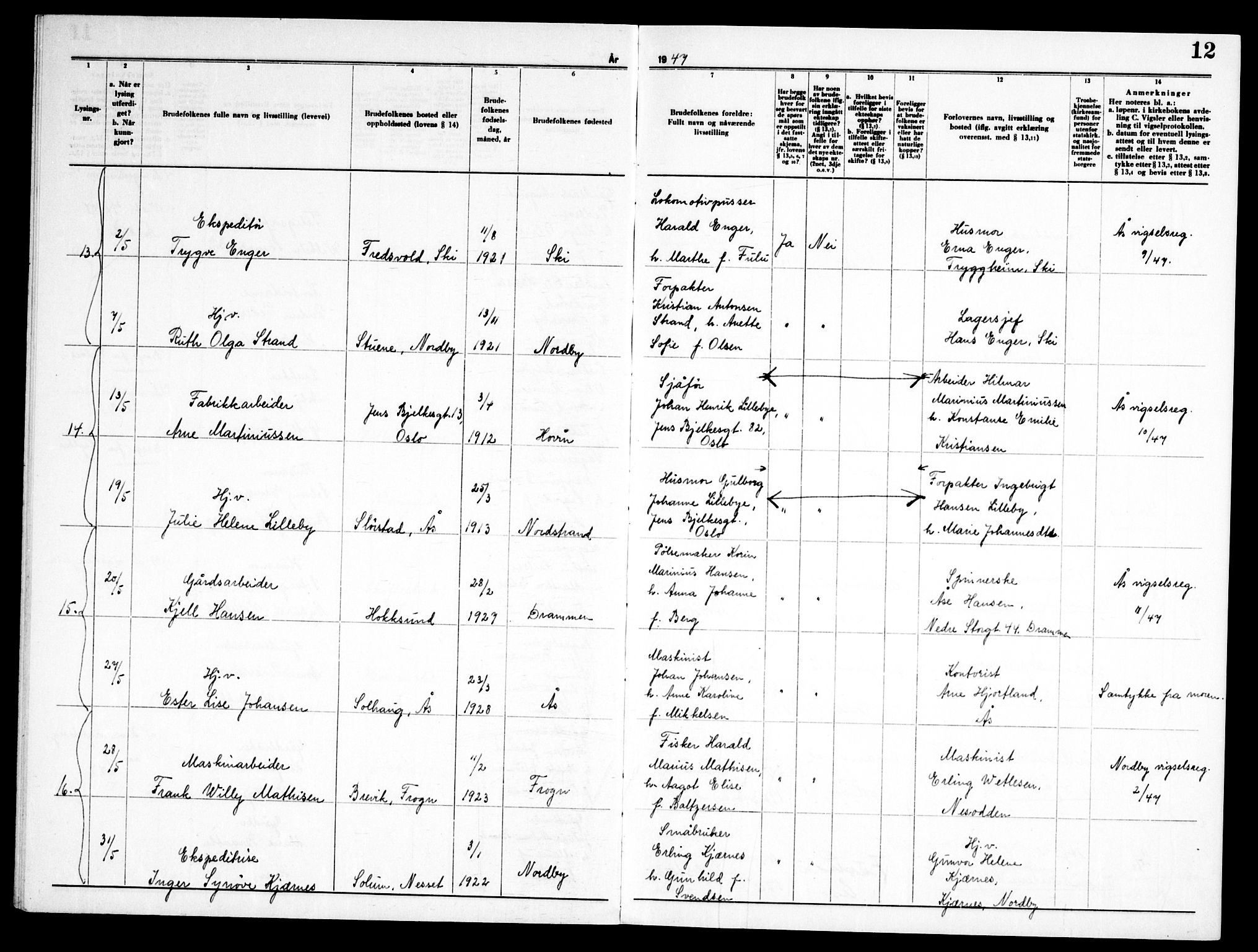 Ås prestekontor Kirkebøker, AV/SAO-A-10894/H/Ha/L0002: Banns register no. 2, 1946-1955, p. 12