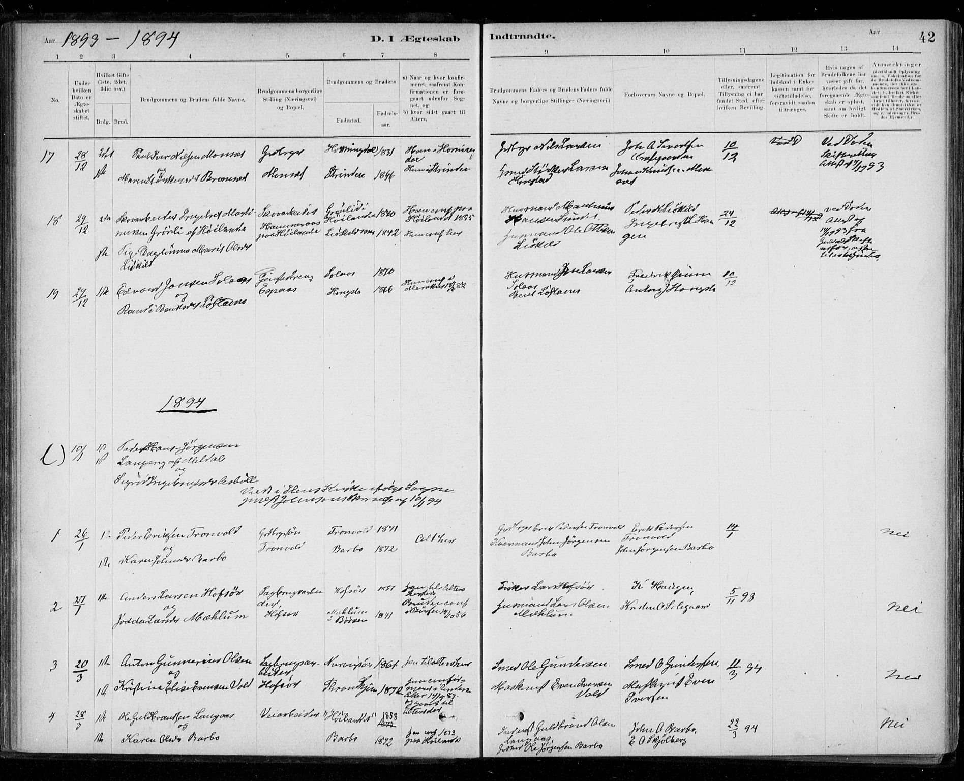 Ministerialprotokoller, klokkerbøker og fødselsregistre - Sør-Trøndelag, AV/SAT-A-1456/668/L0810: Parish register (official) no. 668A10, 1881-1894, p. 42