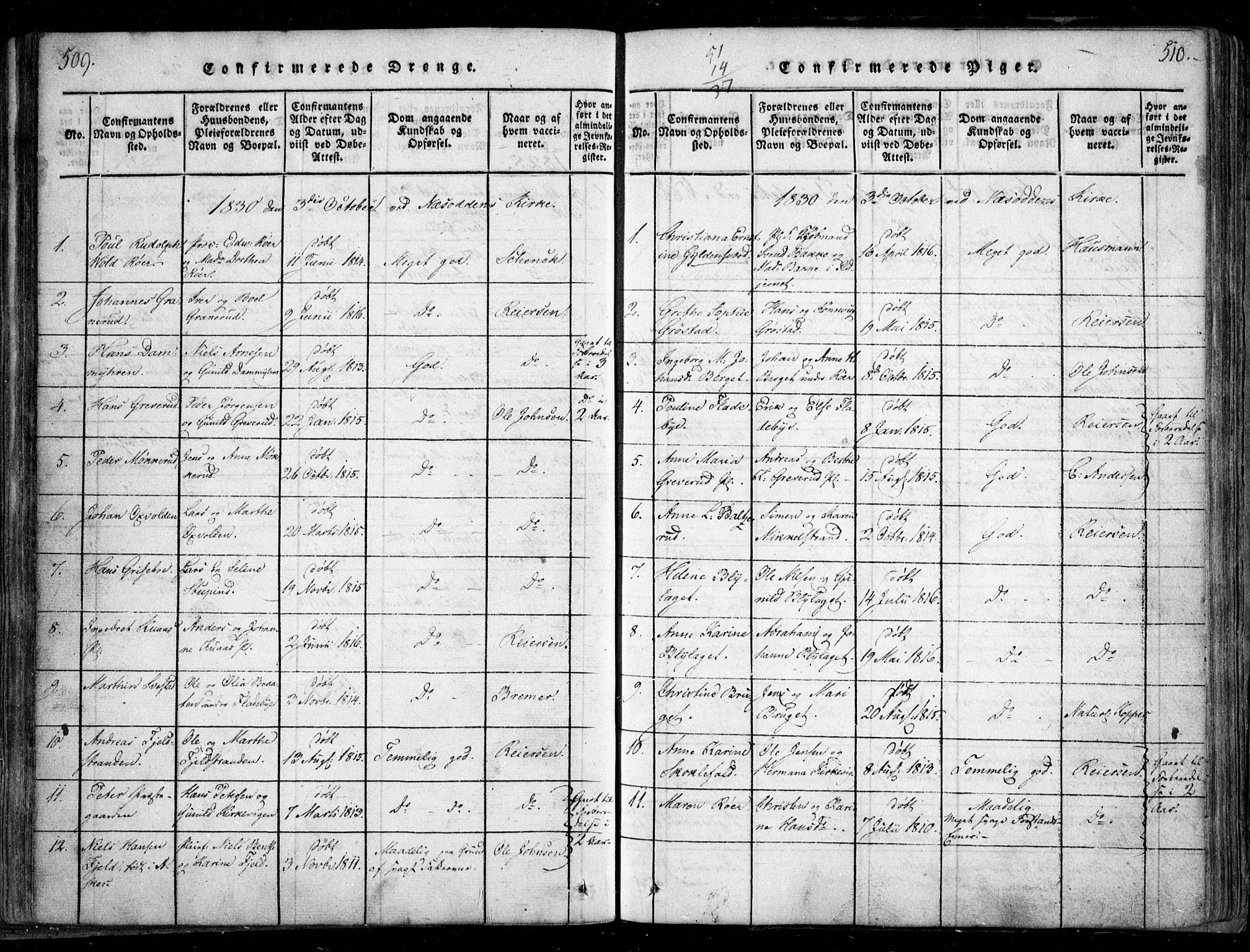 Nesodden prestekontor Kirkebøker, SAO/A-10013/F/Fa/L0006: Parish register (official) no. I 6, 1814-1847, p. 509-510