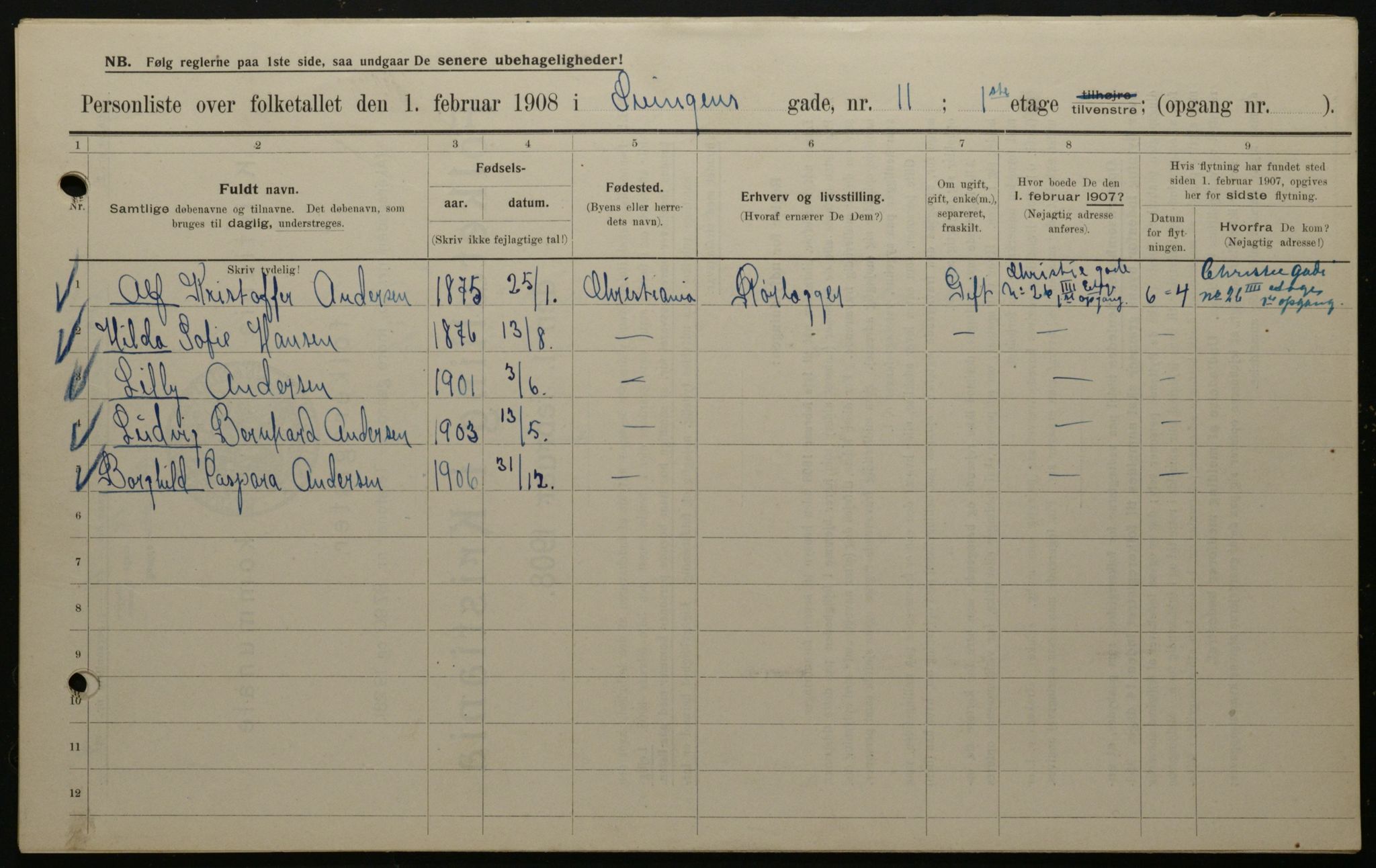 OBA, Municipal Census 1908 for Kristiania, 1908, p. 95455