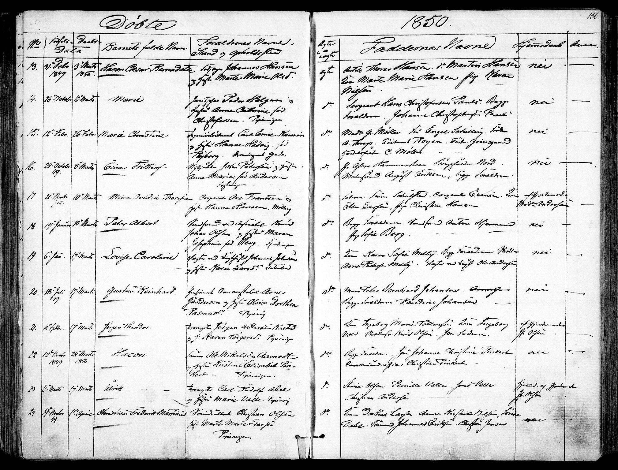 Garnisonsmenigheten Kirkebøker, SAO/A-10846/F/Fa/L0008: Parish register (official) no. 8, 1842-1859, p. 136
