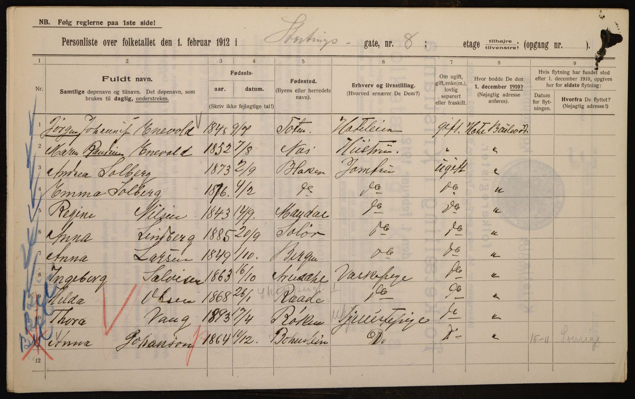 OBA, Municipal Census 1912 for Kristiania, 1912, p. 103598