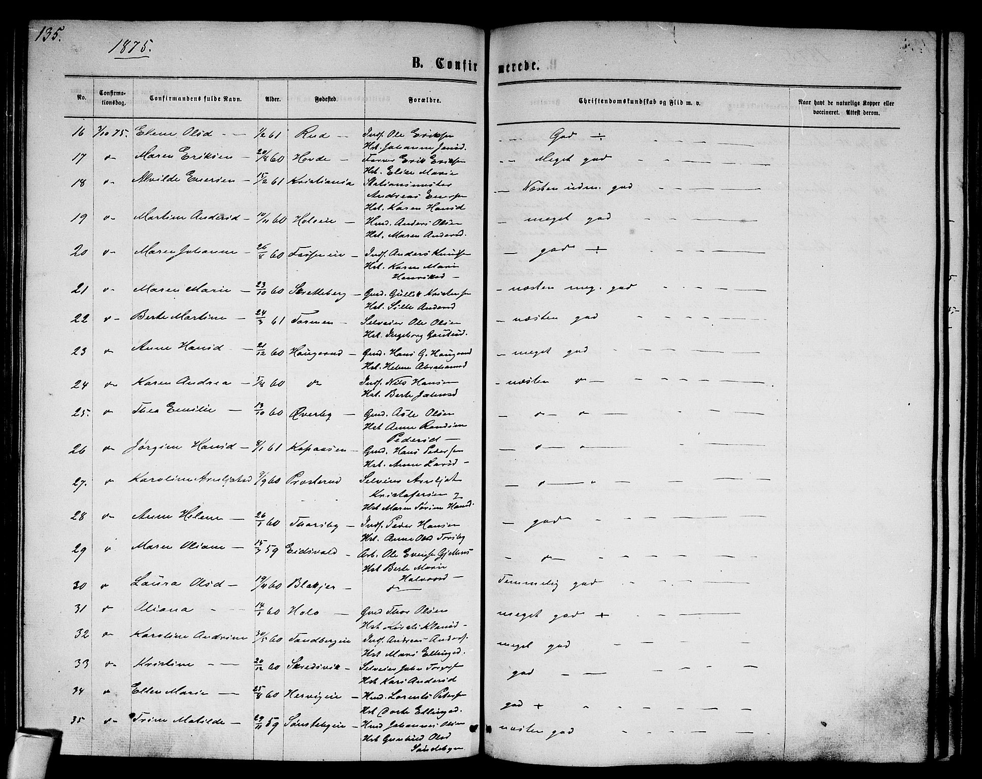 Modum kirkebøker, AV/SAKO-A-234/G/Ga/L0007: Parish register (copy) no. I 7, 1869-1878, p. 135