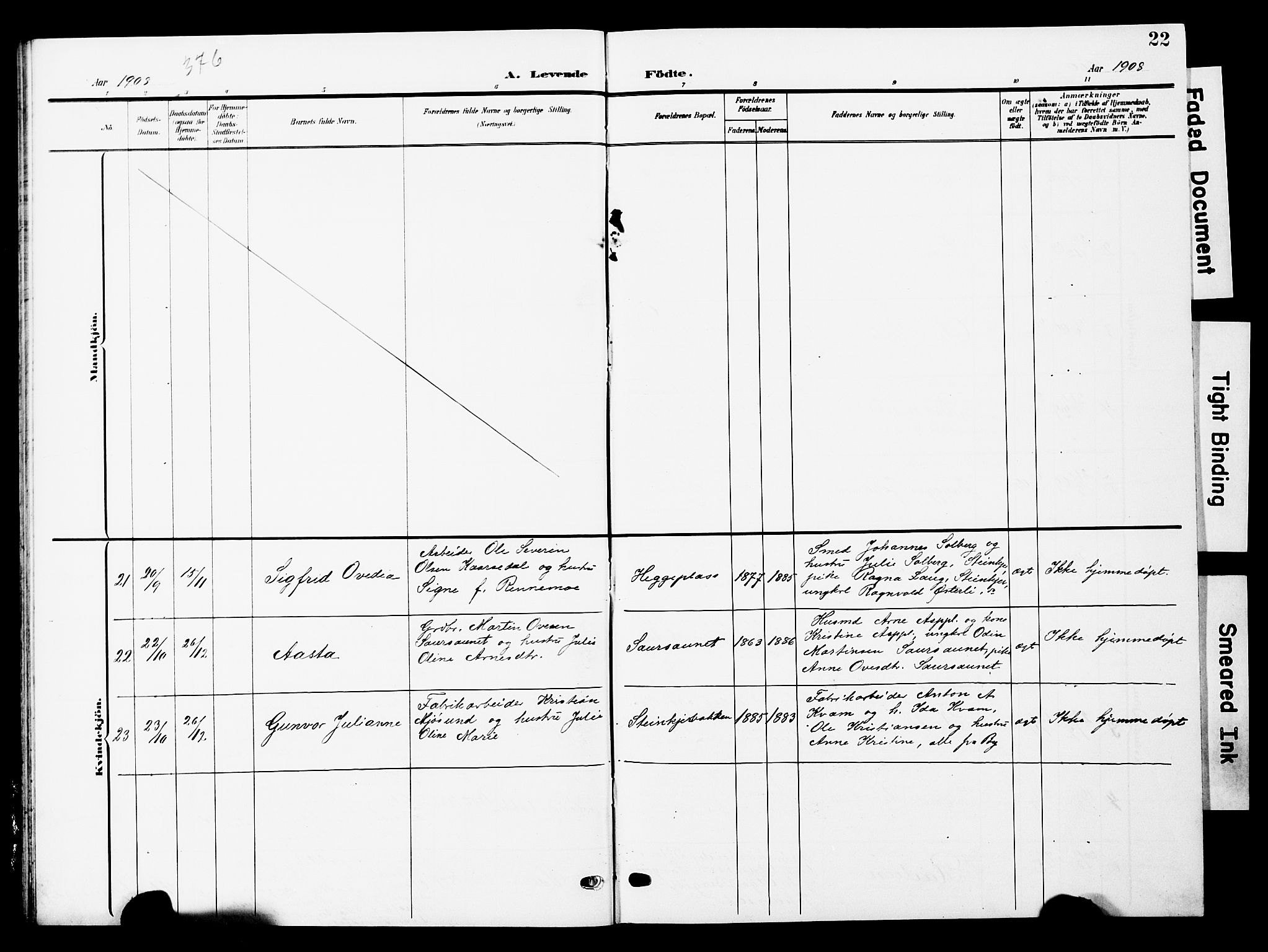 Ministerialprotokoller, klokkerbøker og fødselsregistre - Nord-Trøndelag, SAT/A-1458/740/L0381: Parish register (copy) no. 740C02, 1903-1914, p. 22