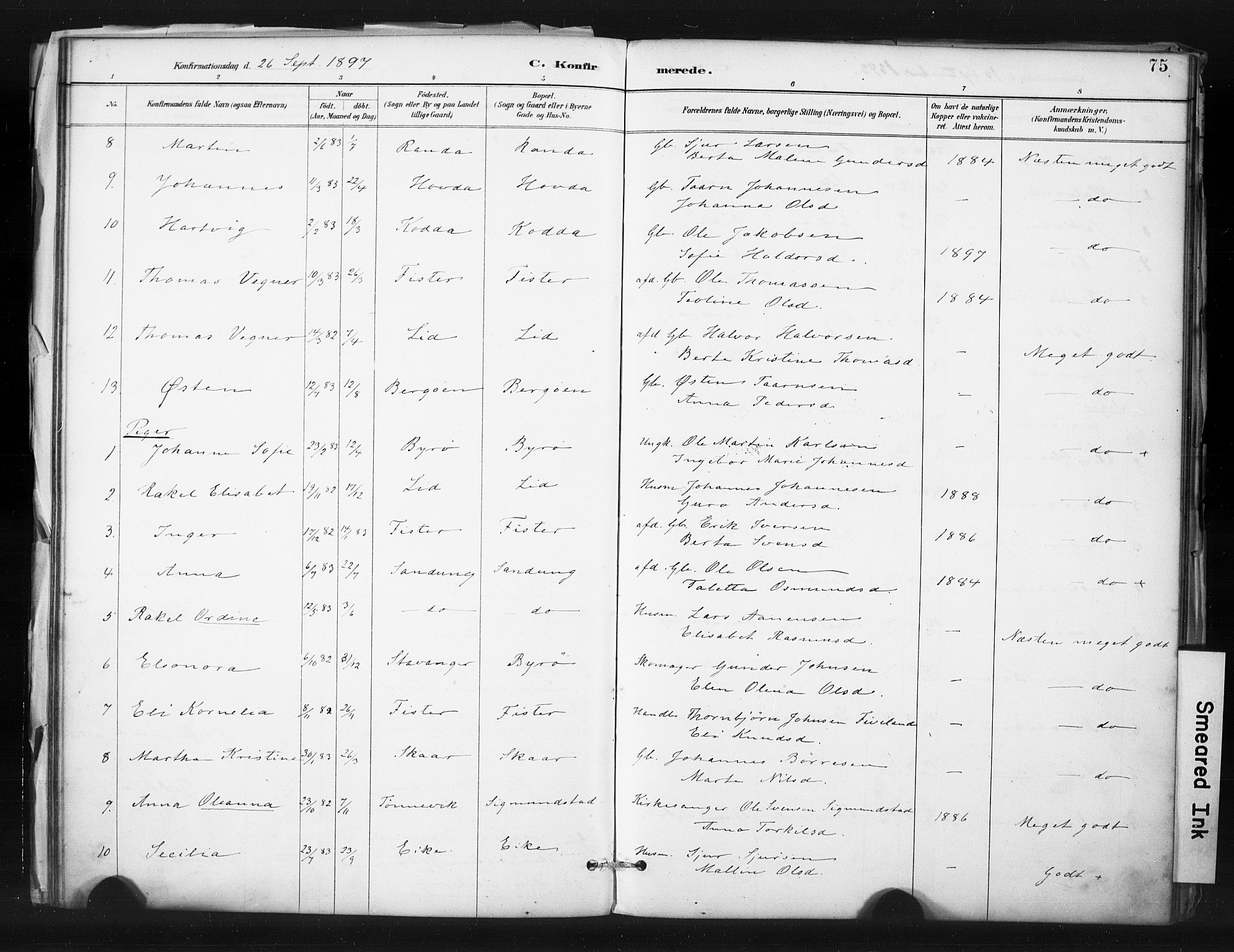 Hjelmeland sokneprestkontor, SAST/A-101843/01/IV/L0015: Parish register (official) no. A 15, 1887-1910, p. 75