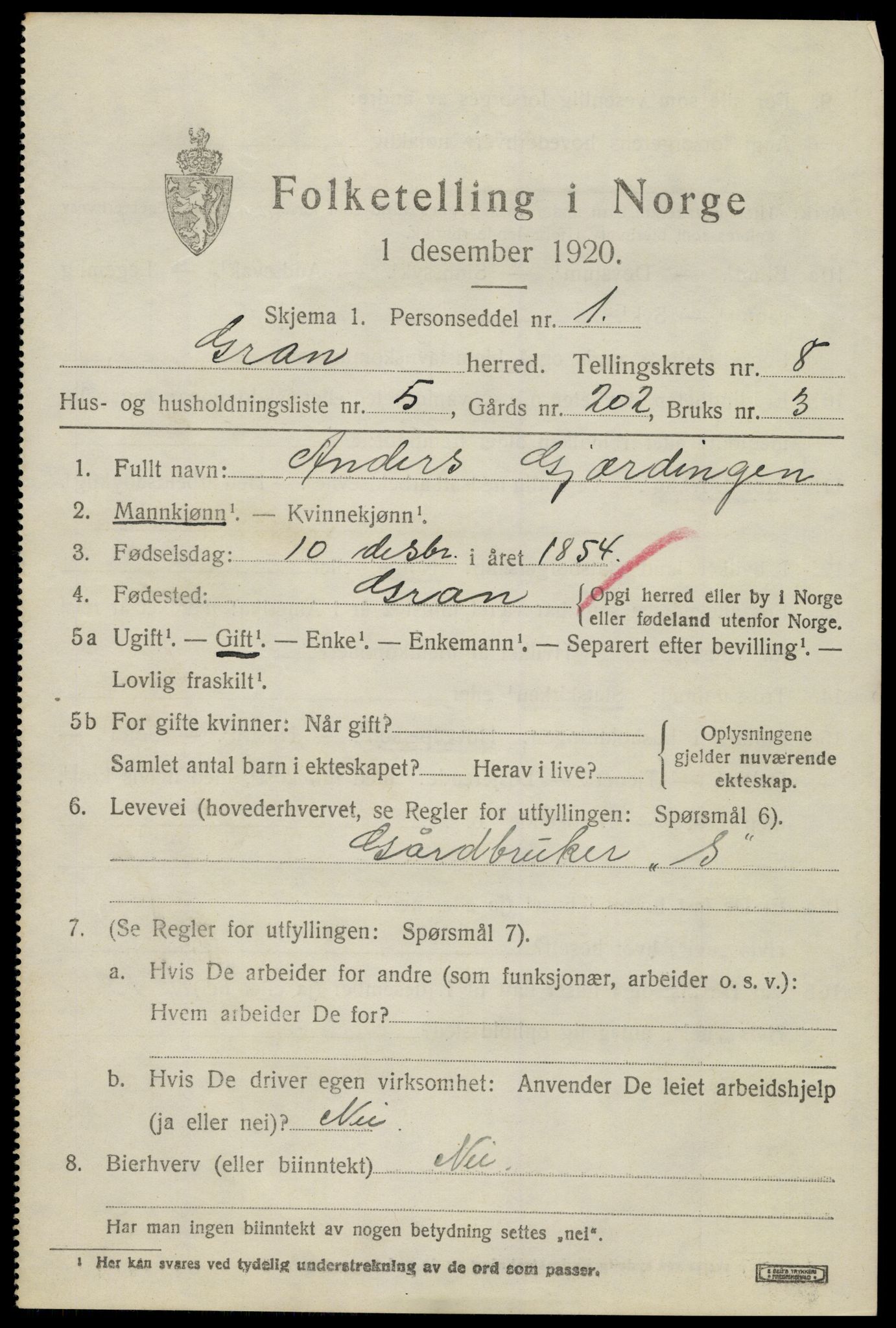 SAH, 1920 census for Gran, 1920, p. 10532