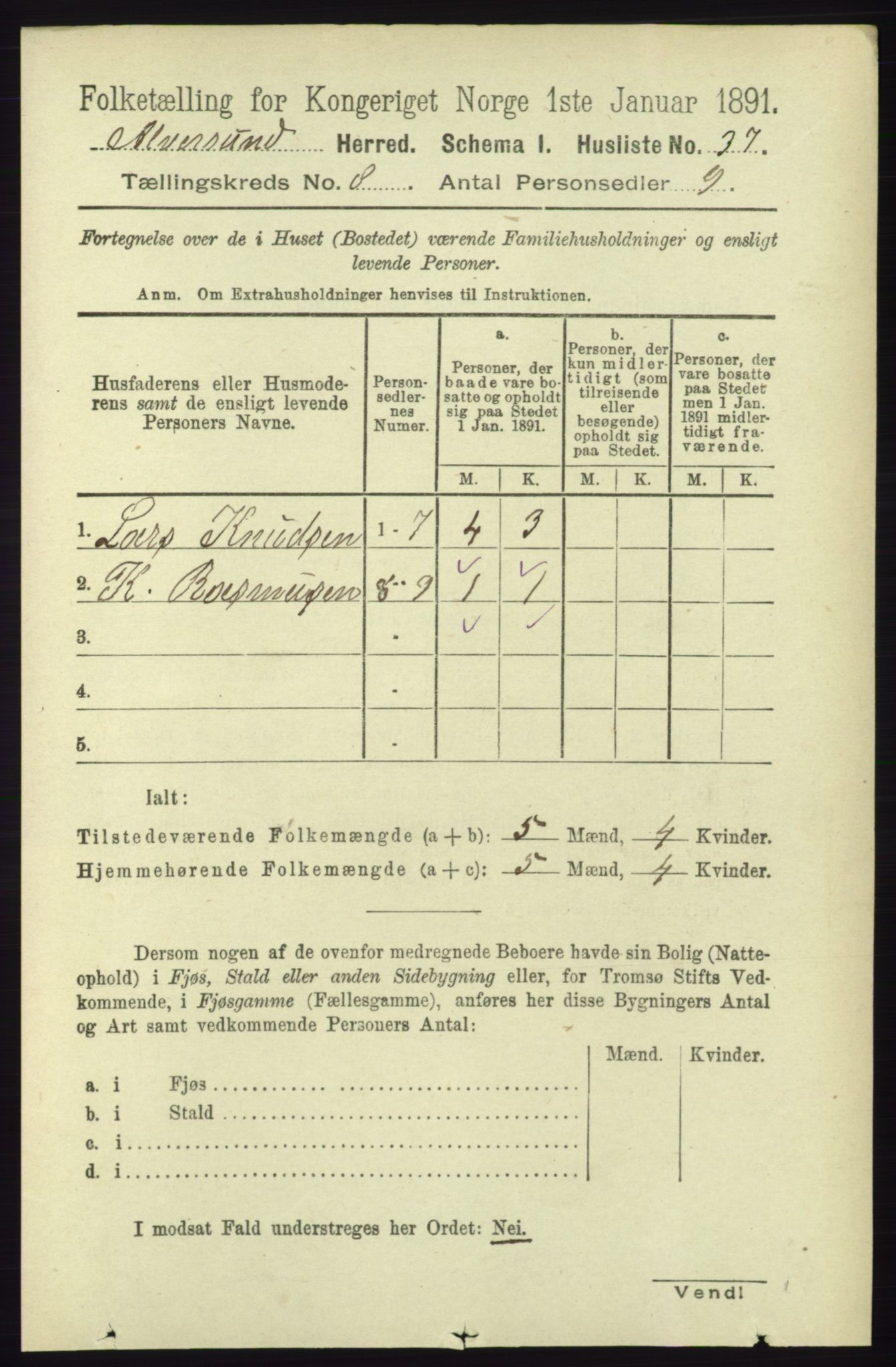RA, 1891 census for 1257 Alversund, 1891, p. 2764