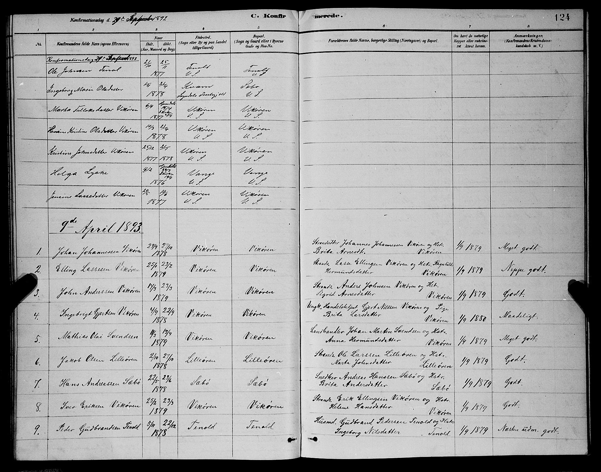 Vik sokneprestembete, SAB/A-81501: Parish register (copy) no. A 3, 1878-1894, p. 124