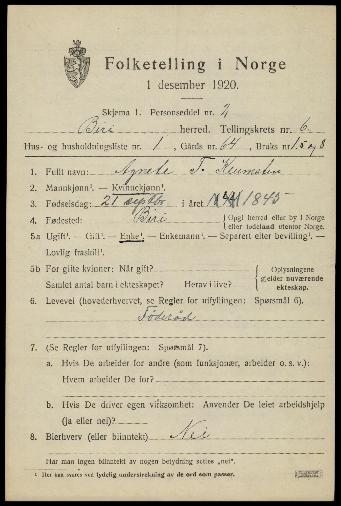 SAH, 1920 census for Biri, 1920, p. 5479