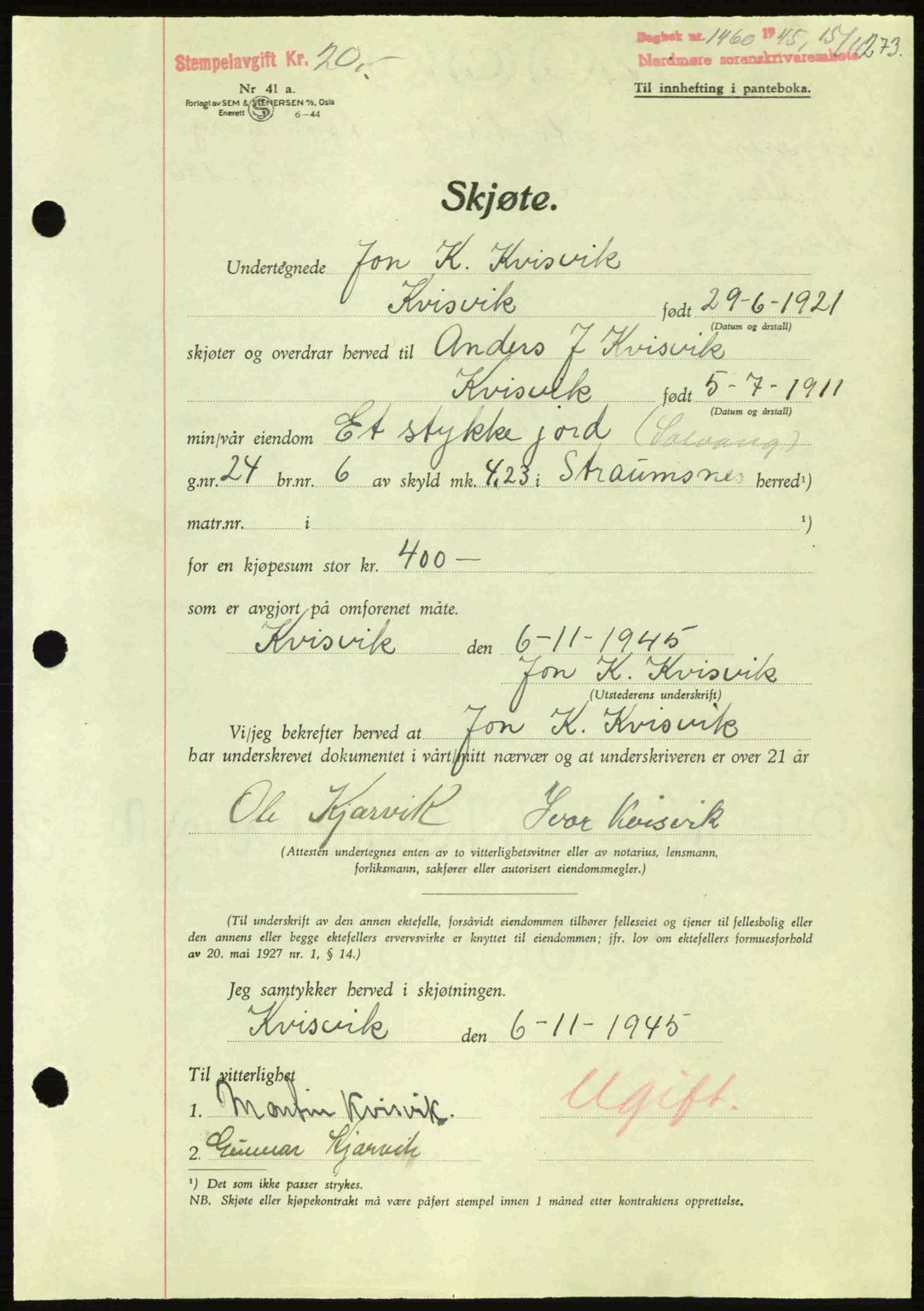 Nordmøre sorenskriveri, AV/SAT-A-4132/1/2/2Ca: Mortgage book no. A100a, 1945-1945, Diary no: : 1460/1945