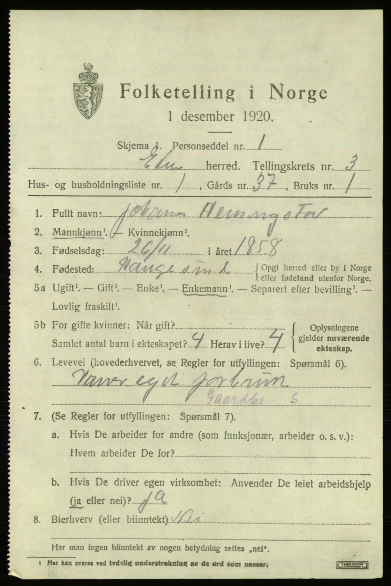 SAB, 1920 census for Etne, 1920, p. 1751