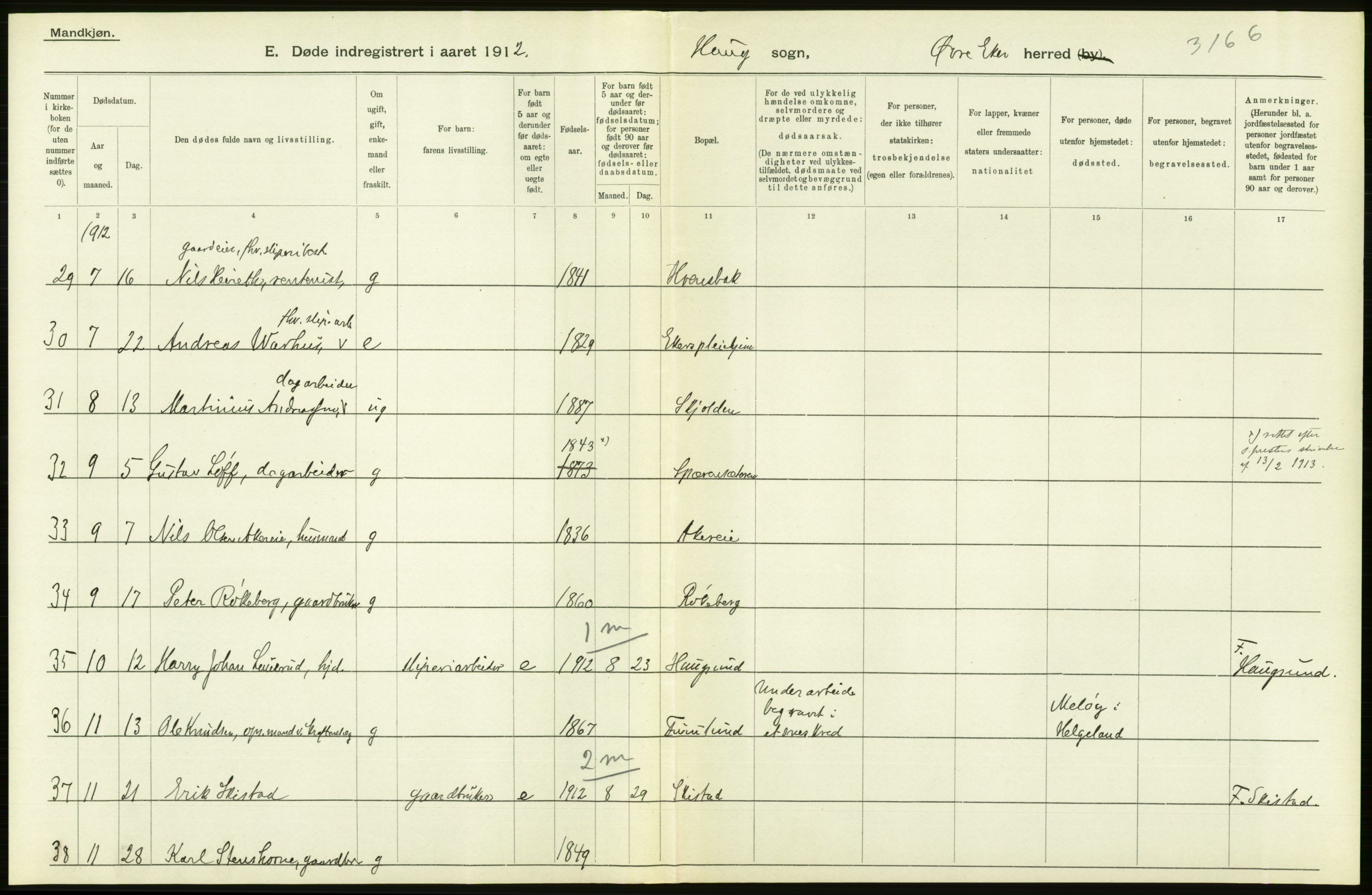 Statistisk sentralbyrå, Sosiodemografiske emner, Befolkning, AV/RA-S-2228/D/Df/Dfb/Dfbb/L0017: Buskeruds amt: Døde. Bygder og byer., 1912, p. 122