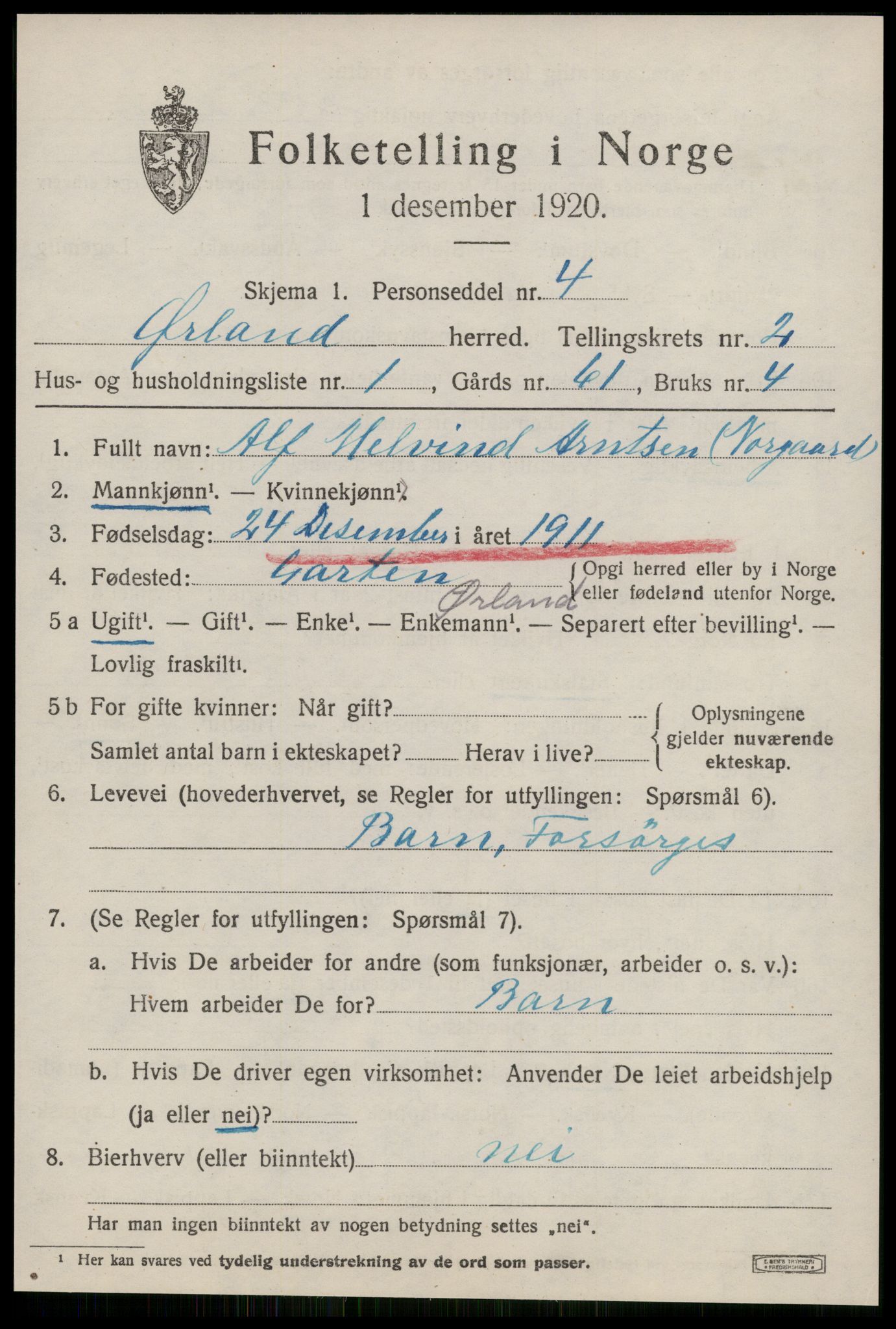 SAT, 1920 census for Ørland, 1920, p. 2233