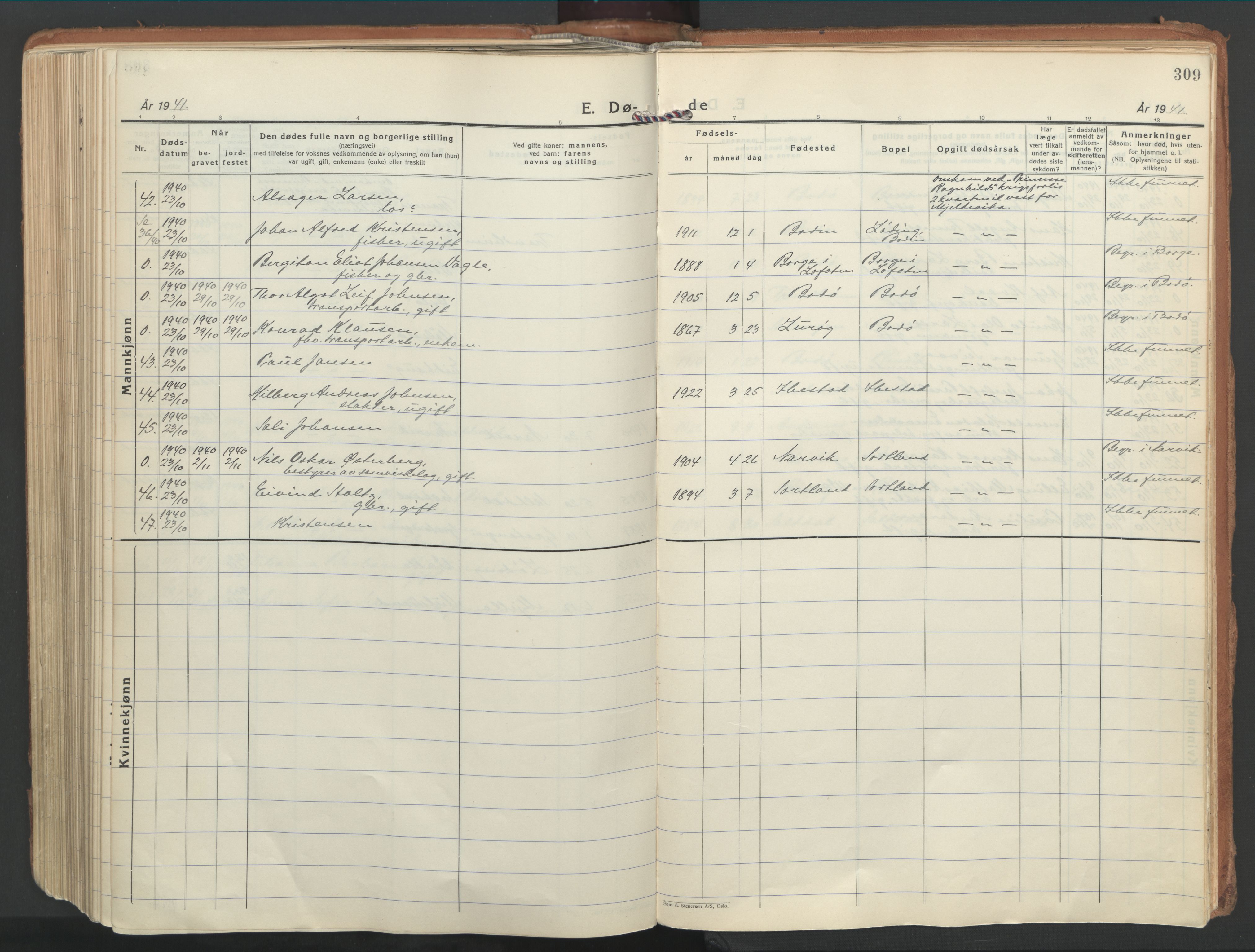 Ministerialprotokoller, klokkerbøker og fødselsregistre - Nordland, AV/SAT-A-1459/802/L0061: Parish register (official) no. 802A08, 1933-1946, p. 309