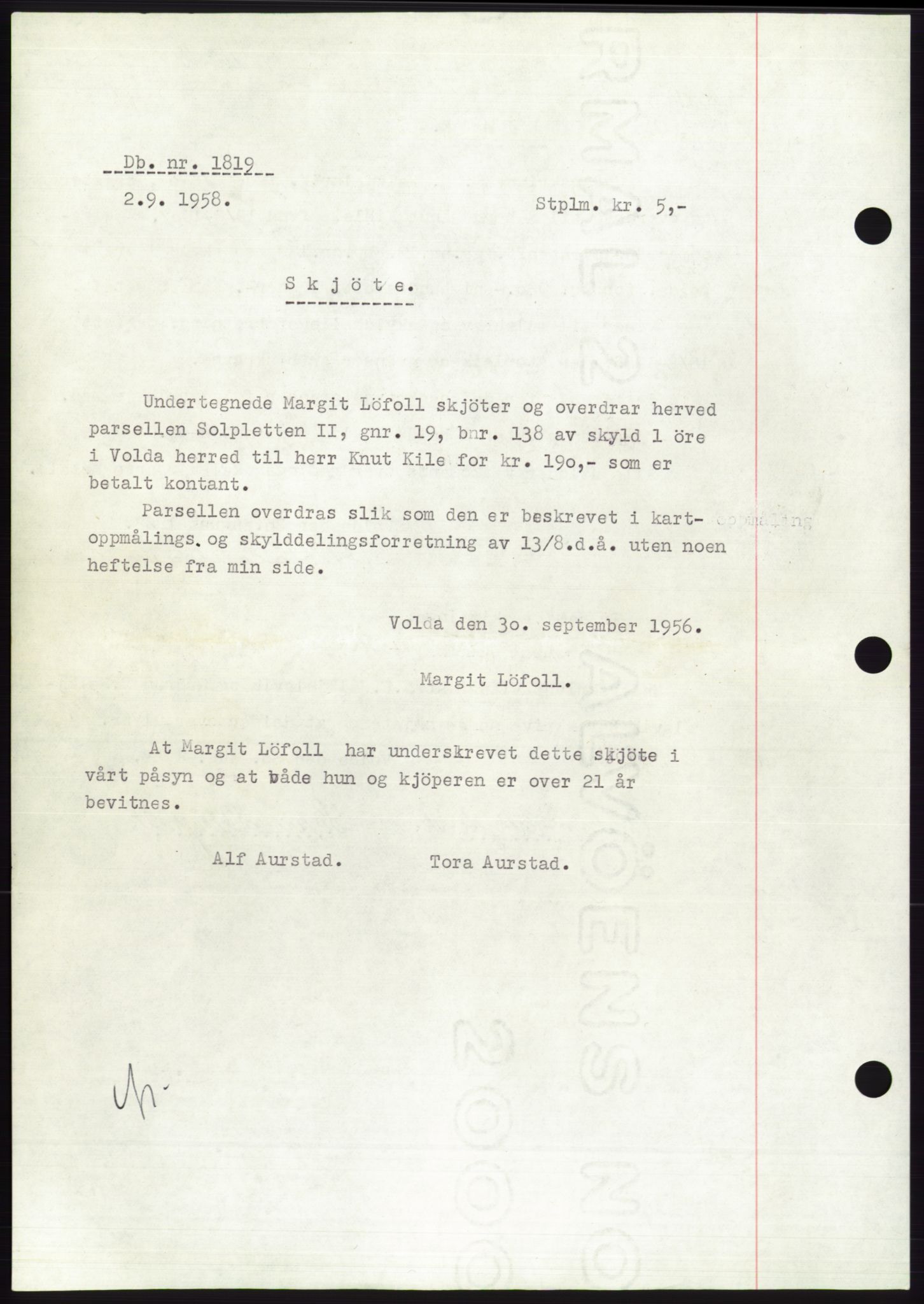 Søre Sunnmøre sorenskriveri, AV/SAT-A-4122/1/2/2C/L0110: Mortgage book no. 36A, 1958-1958, Diary no: : 1819/1958