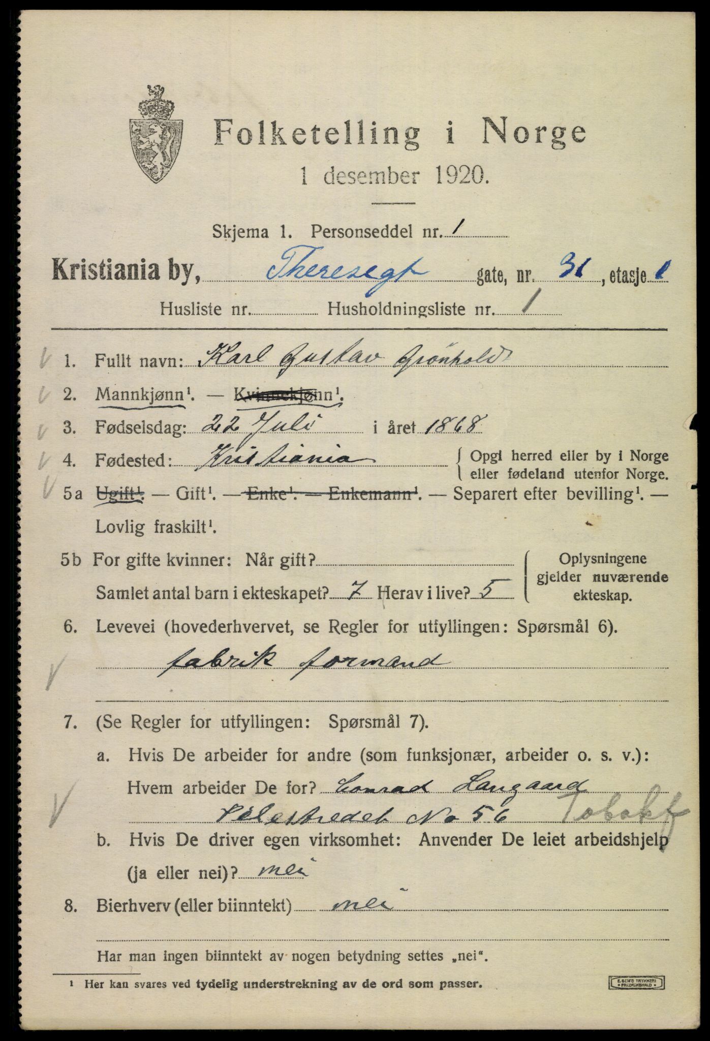 SAO, 1920 census for Kristiania, 1920, p. 569147