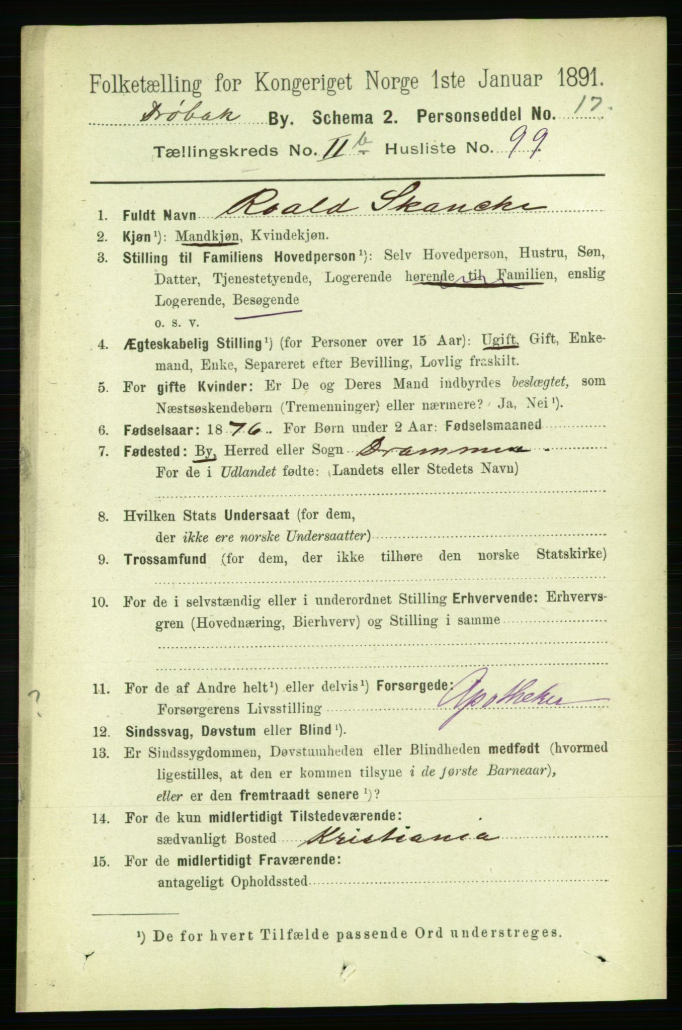 RA, 1891 census for 0203 Drøbak, 1891, p. 1876