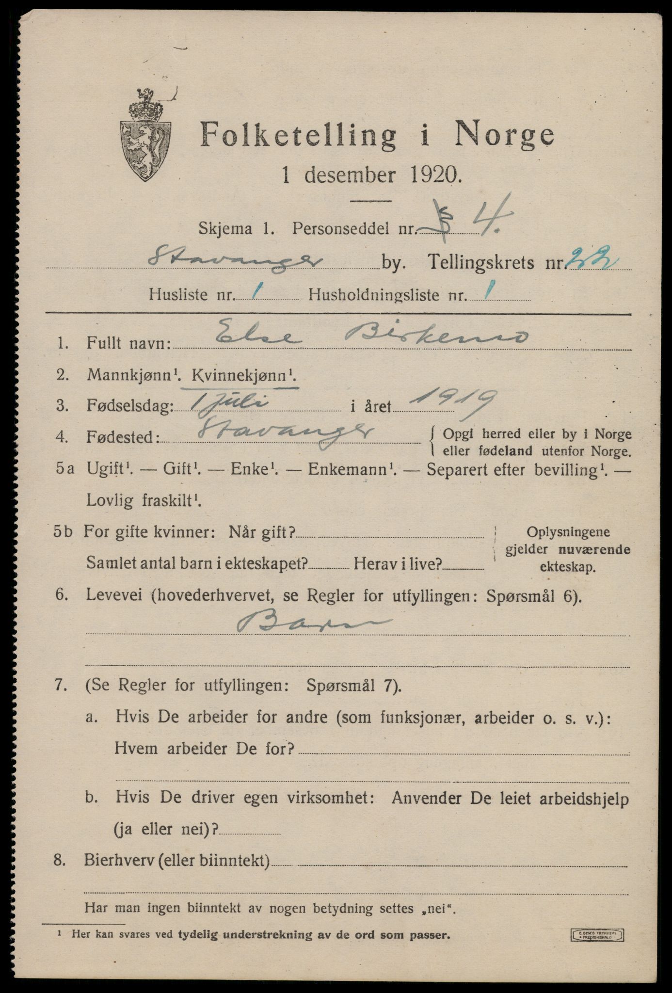 SAST, 1920 census for Stavanger, 1920, p. 73764