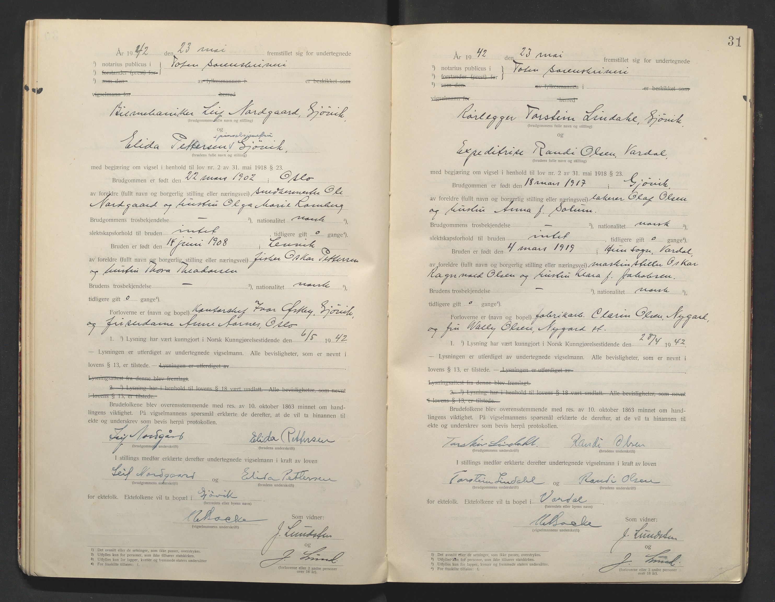 Toten tingrett, AV/SAH-TING-006/L/Lc/L0001: Vigselbok, 1920-1942, p. 31