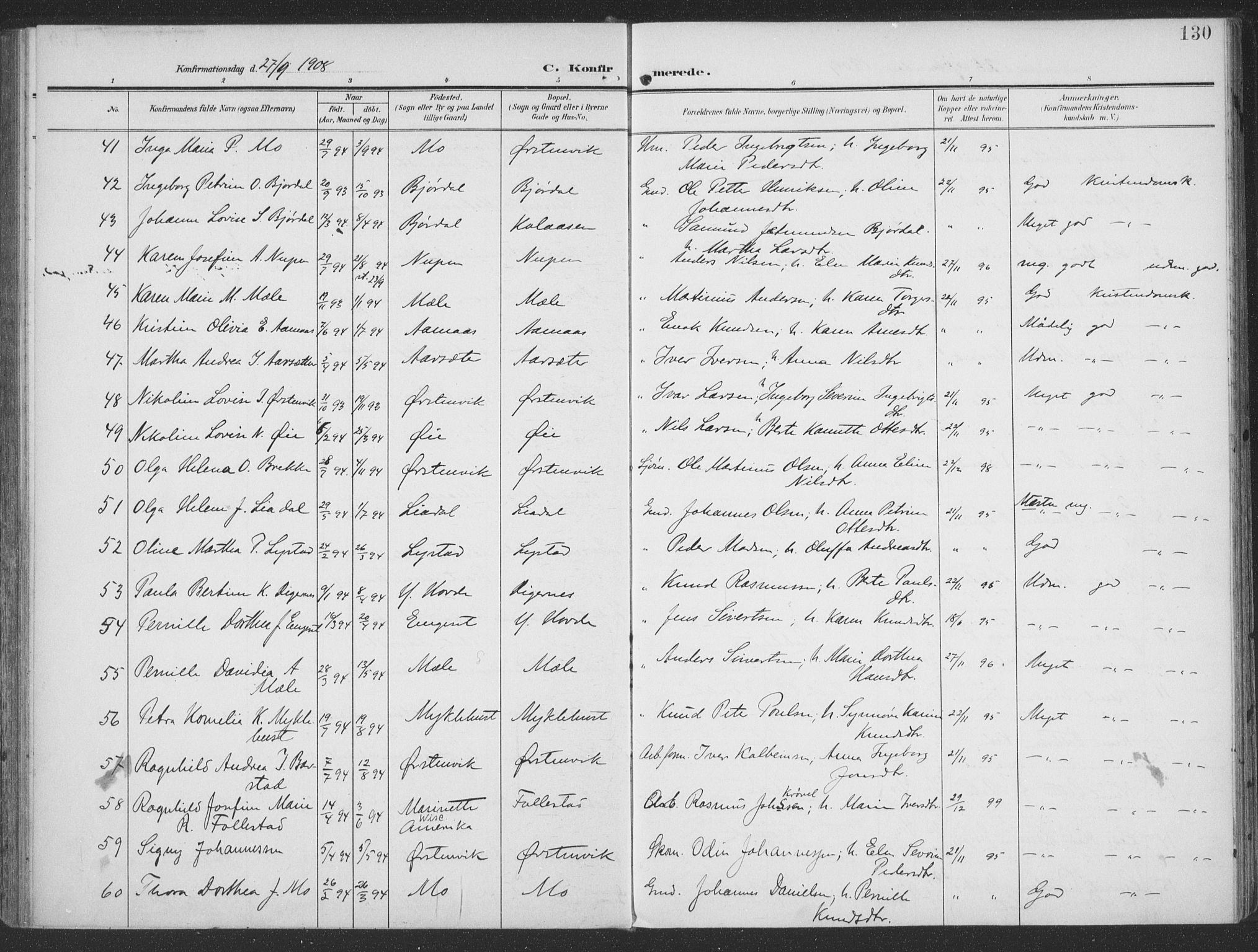 Ministerialprotokoller, klokkerbøker og fødselsregistre - Møre og Romsdal, SAT/A-1454/513/L0178: Parish register (official) no. 513A05, 1906-1919, p. 130