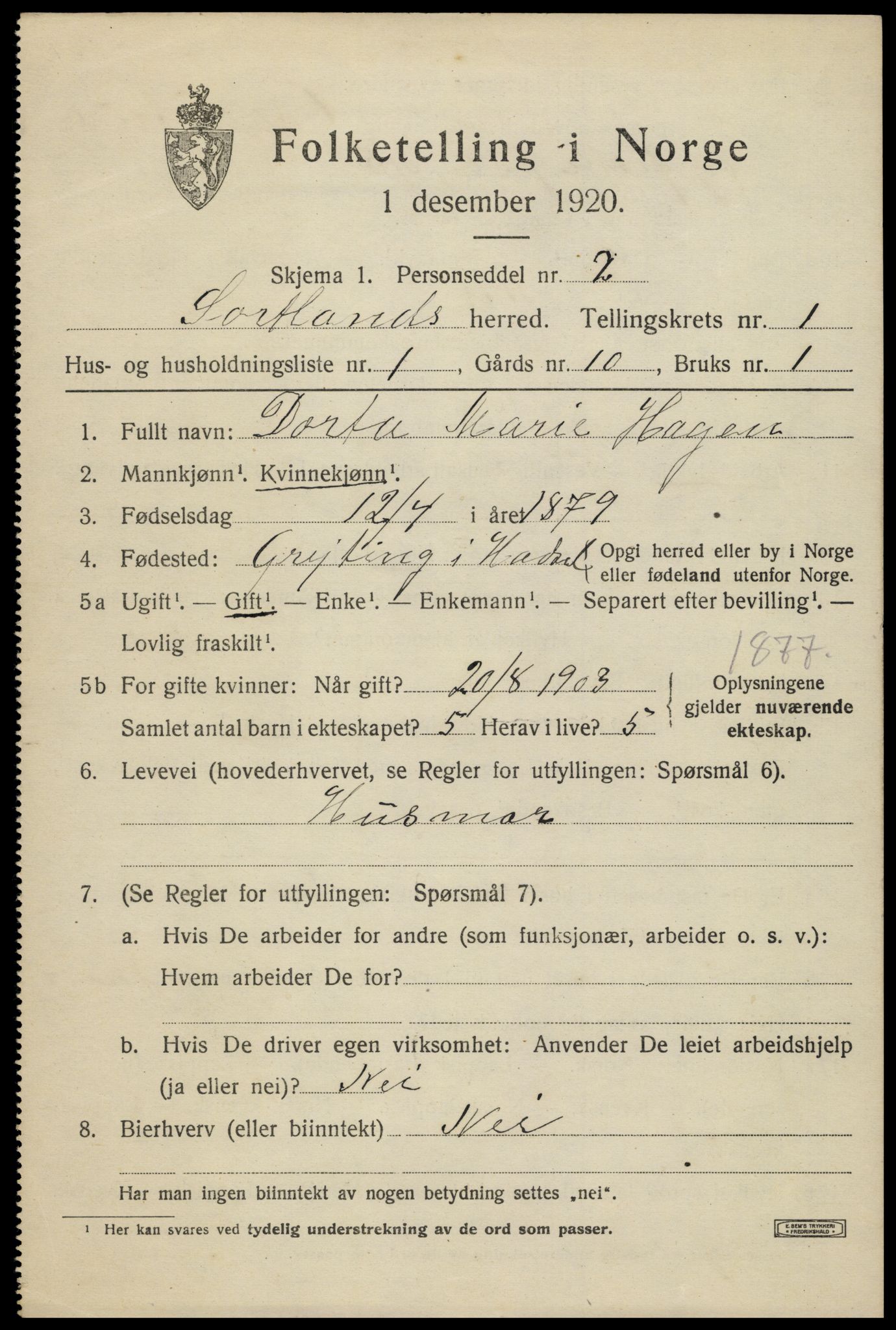 SAT, 1920 census for Sortland, 1920, p. 1558