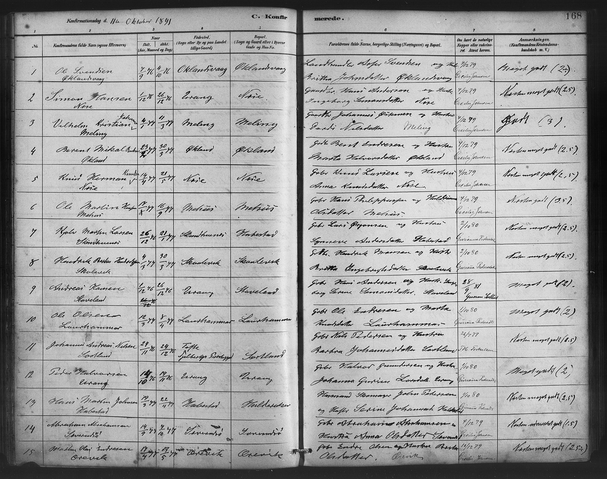 Finnås sokneprestembete, SAB/A-99925/H/Ha/Haa/Haac/L0001: Parish register (official) no. C 1, 1881-1894, p. 168
