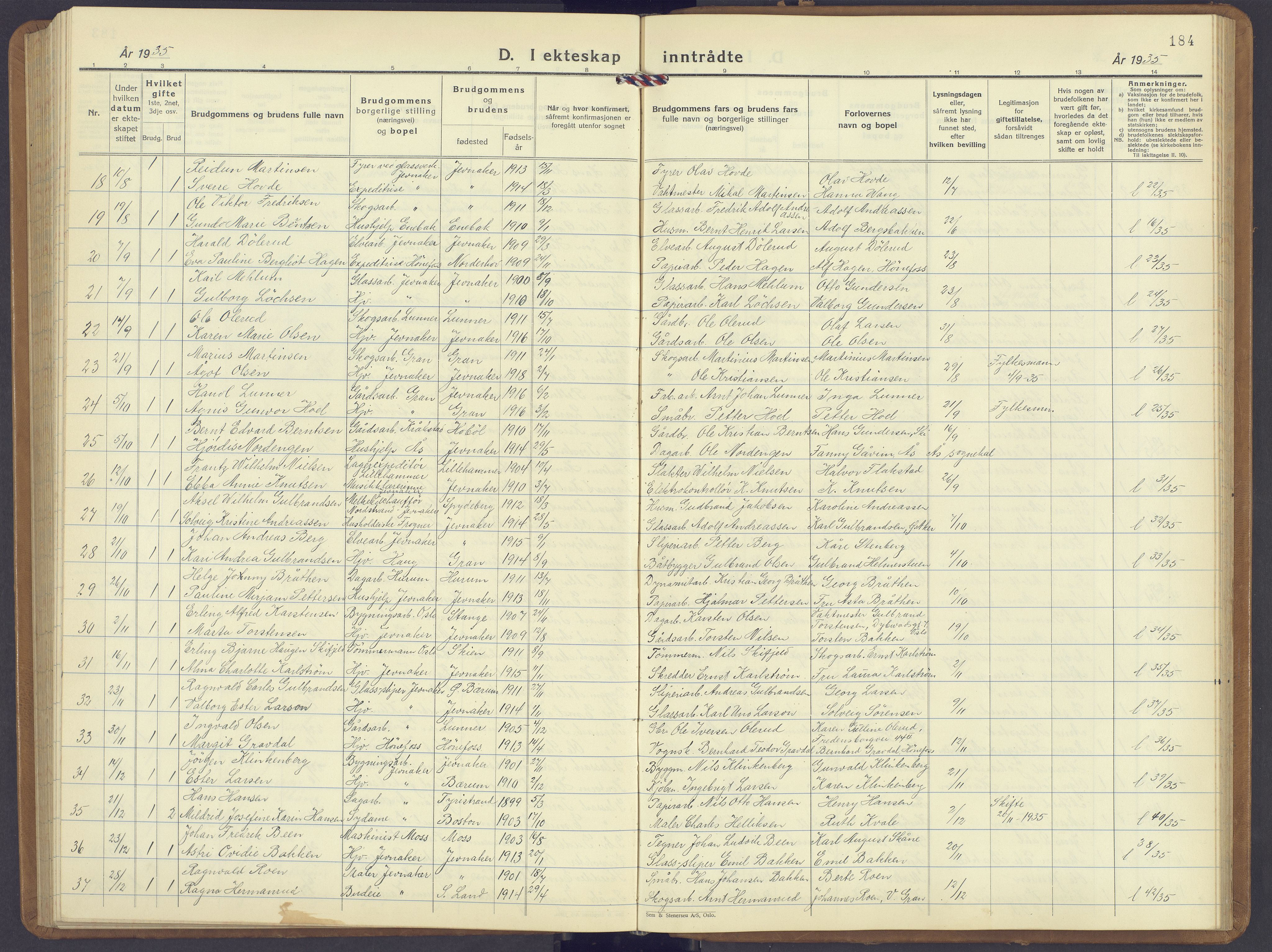 Jevnaker prestekontor, SAH/PREST-116/H/Ha/Hab/L0006: Parish register (copy) no. 6, 1930-1945, p. 184