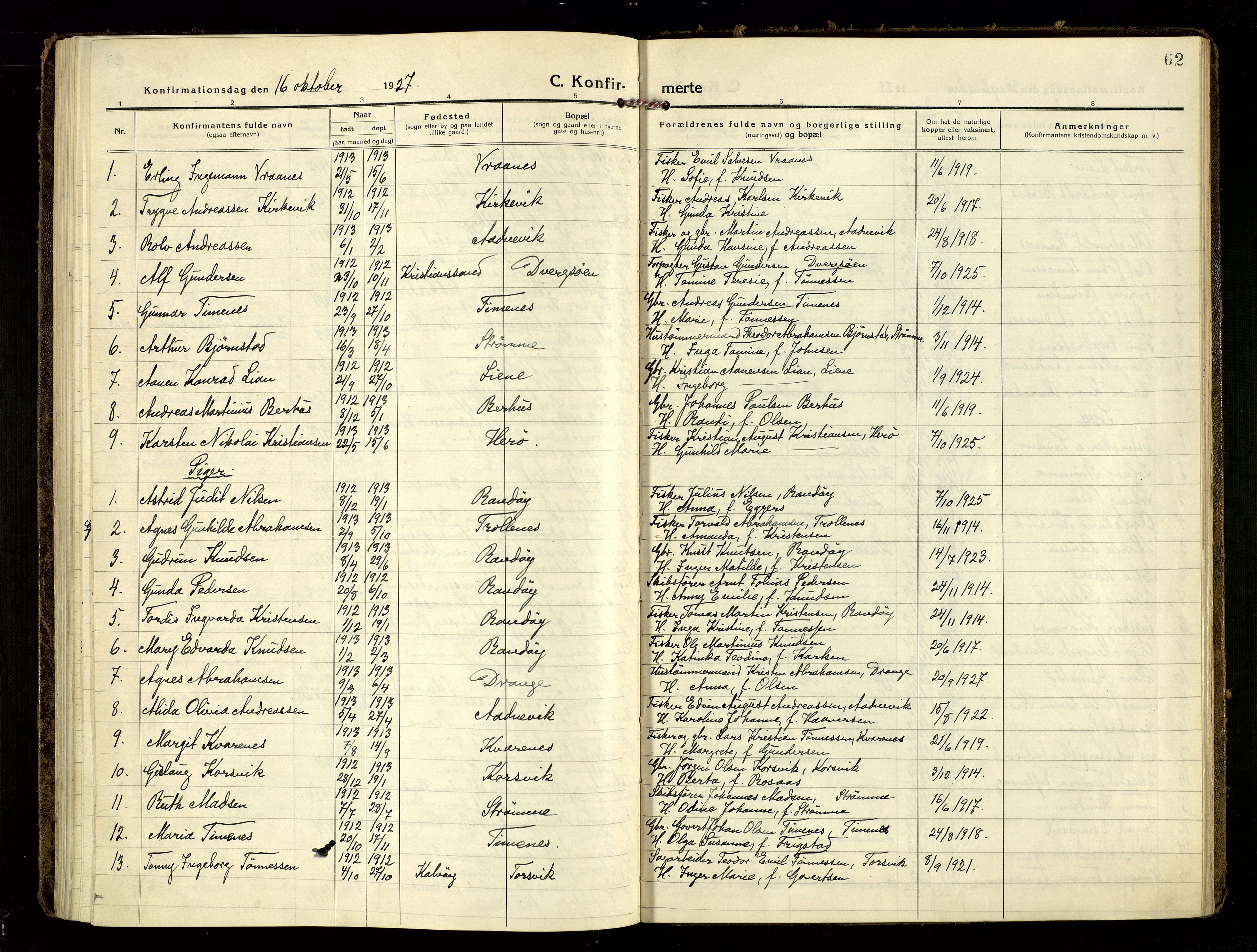 Oddernes sokneprestkontor, SAK/1111-0033/F/Fa/Fab/L0004: Parish register (official) no. A 4, 1916-1935, p. 62