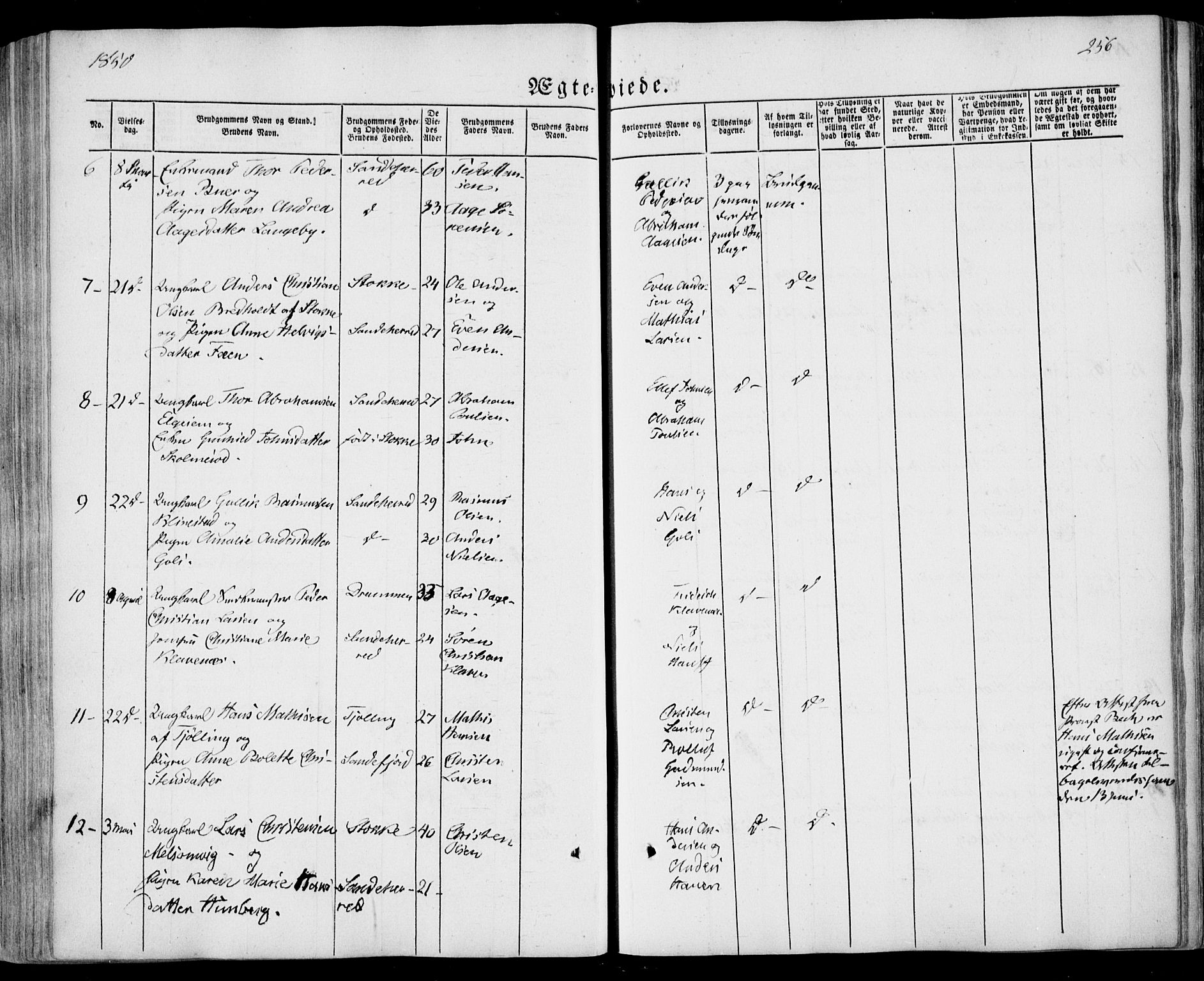 Sandar kirkebøker, SAKO/A-243/F/Fa/L0006: Parish register (official) no. 6, 1847-1860, p. 256