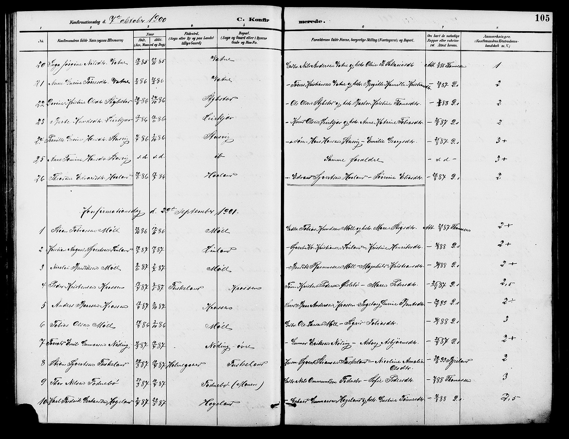 Holum sokneprestkontor, SAK/1111-0022/F/Fb/Fba/L0005: Parish register (copy) no. B 5, 1891-1909, p. 105