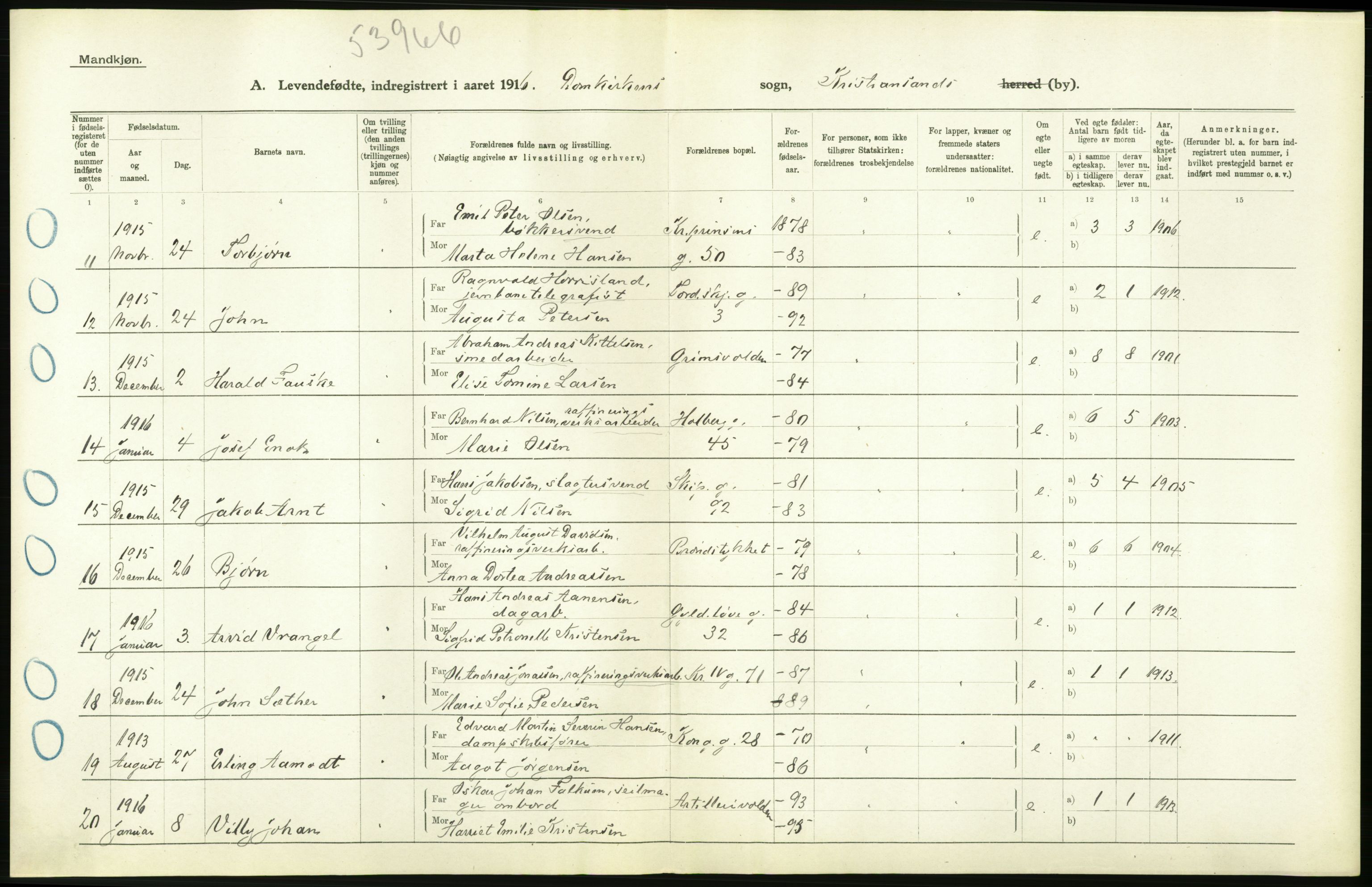 Statistisk sentralbyrå, Sosiodemografiske emner, Befolkning, AV/RA-S-2228/D/Df/Dfb/Dfbf/L0027: Lister og Mandals amt: Levendefødte menn og kvinner. Bygder og byer., 1916, p. 384