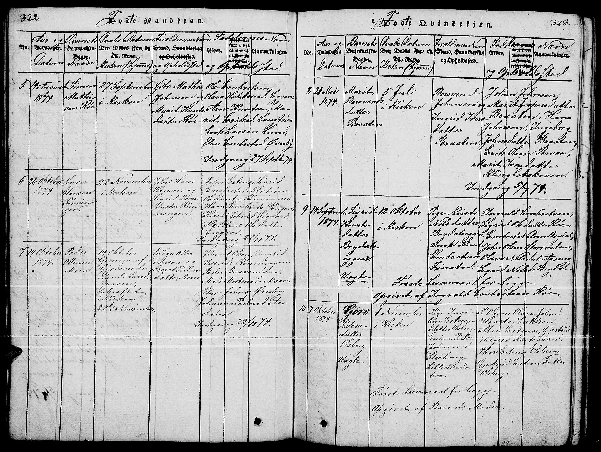 Tynset prestekontor, SAH/PREST-058/H/Ha/Hab/L0004: Parish register (copy) no. 4, 1814-1879, p. 322-323
