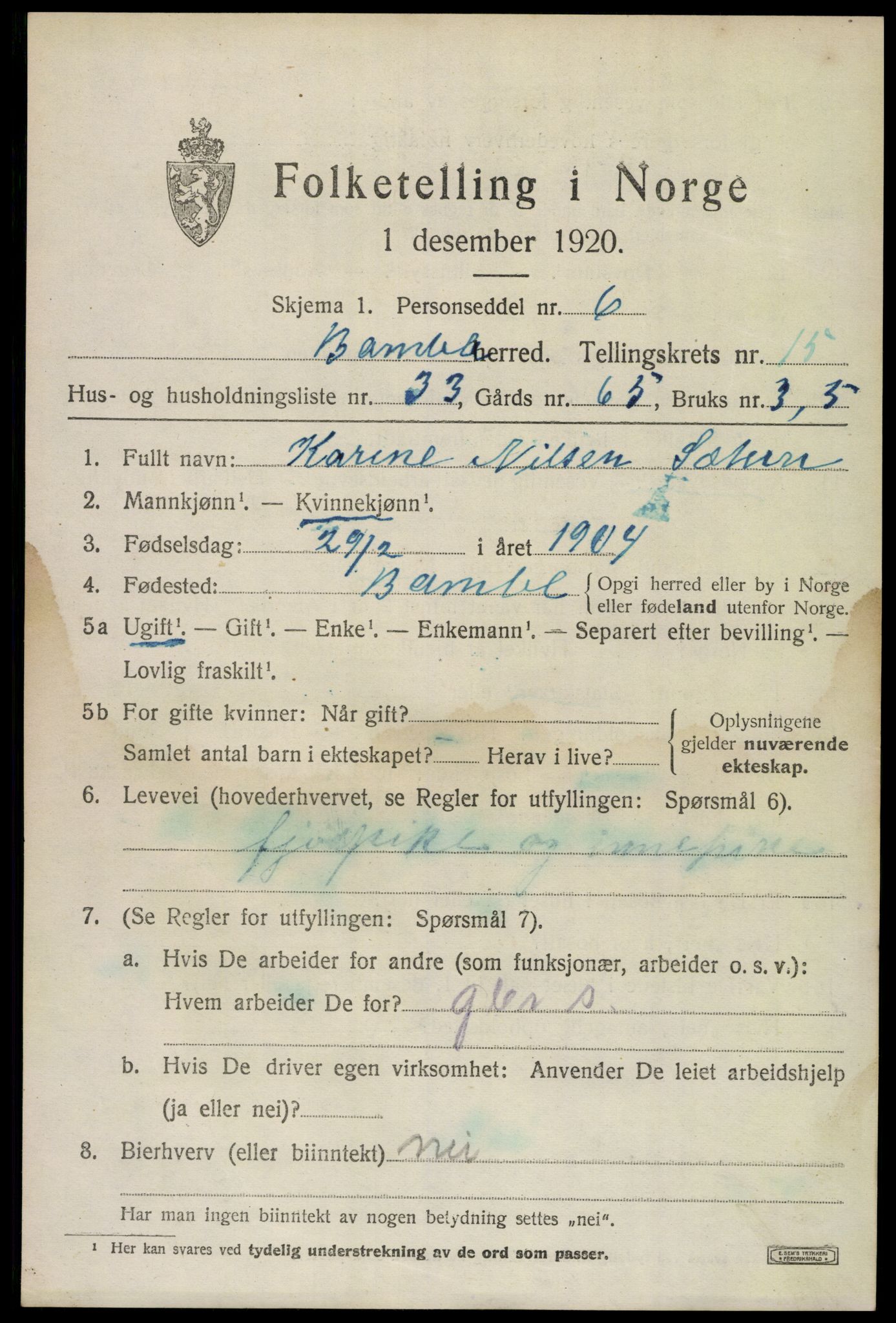 SAKO, 1920 census for Bamble, 1920, p. 11097