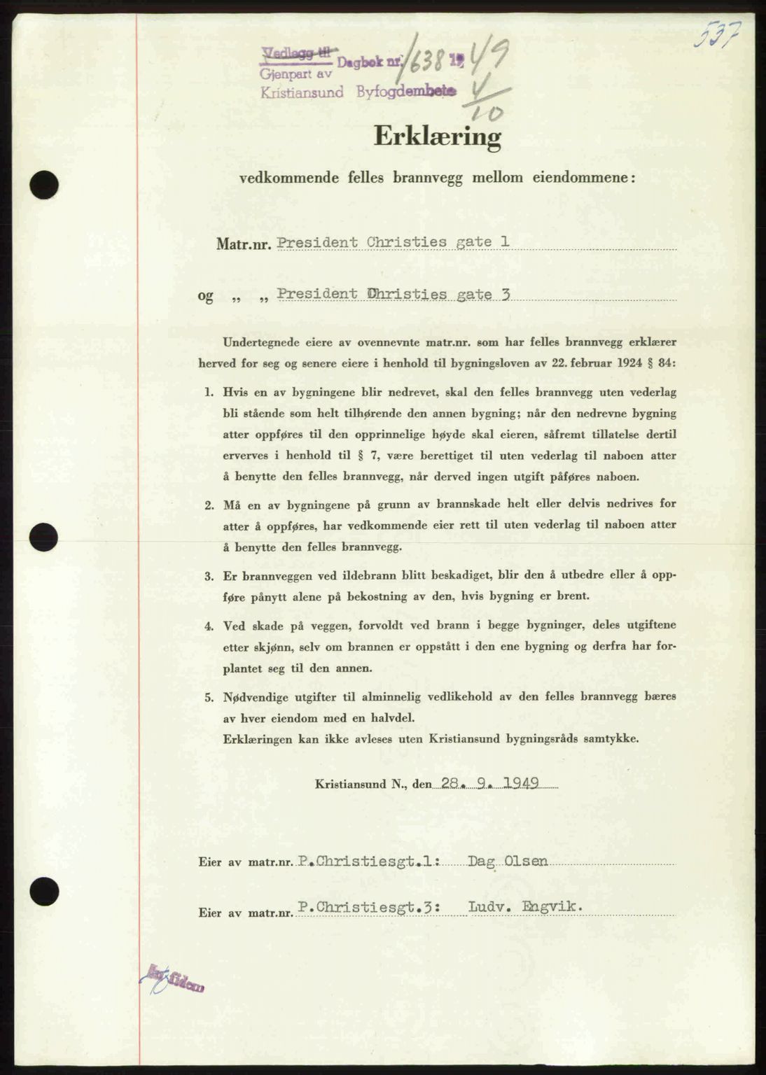 Kristiansund byfogd, AV/SAT-A-4587/A/27: Mortgage book no. 45, 1948-1949, Diary no: : 1638/1949