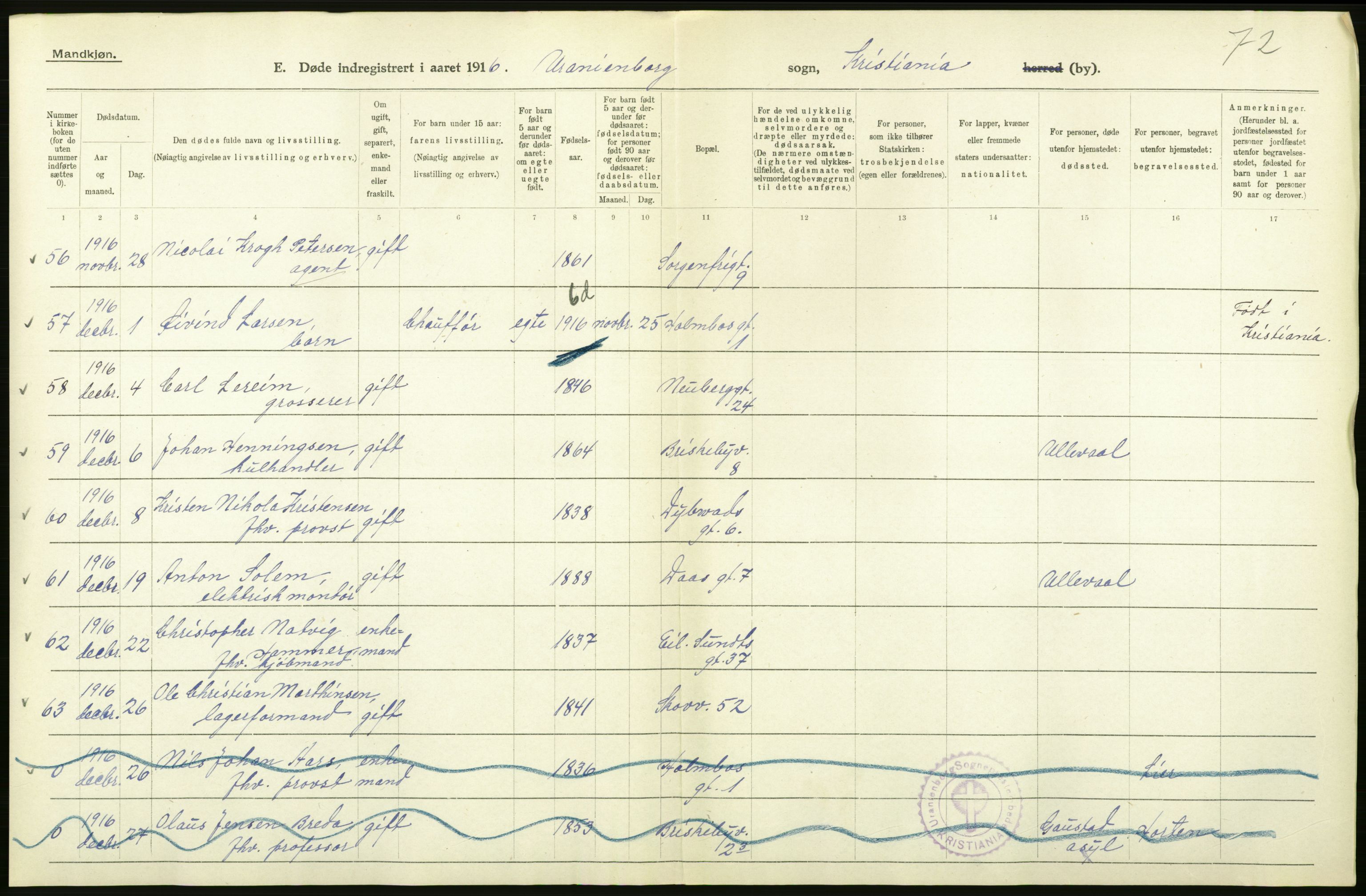 Statistisk sentralbyrå, Sosiodemografiske emner, Befolkning, AV/RA-S-2228/D/Df/Dfb/Dfbf/L0010: Kristiania: Døde, dødfødte., 1916, p. 108