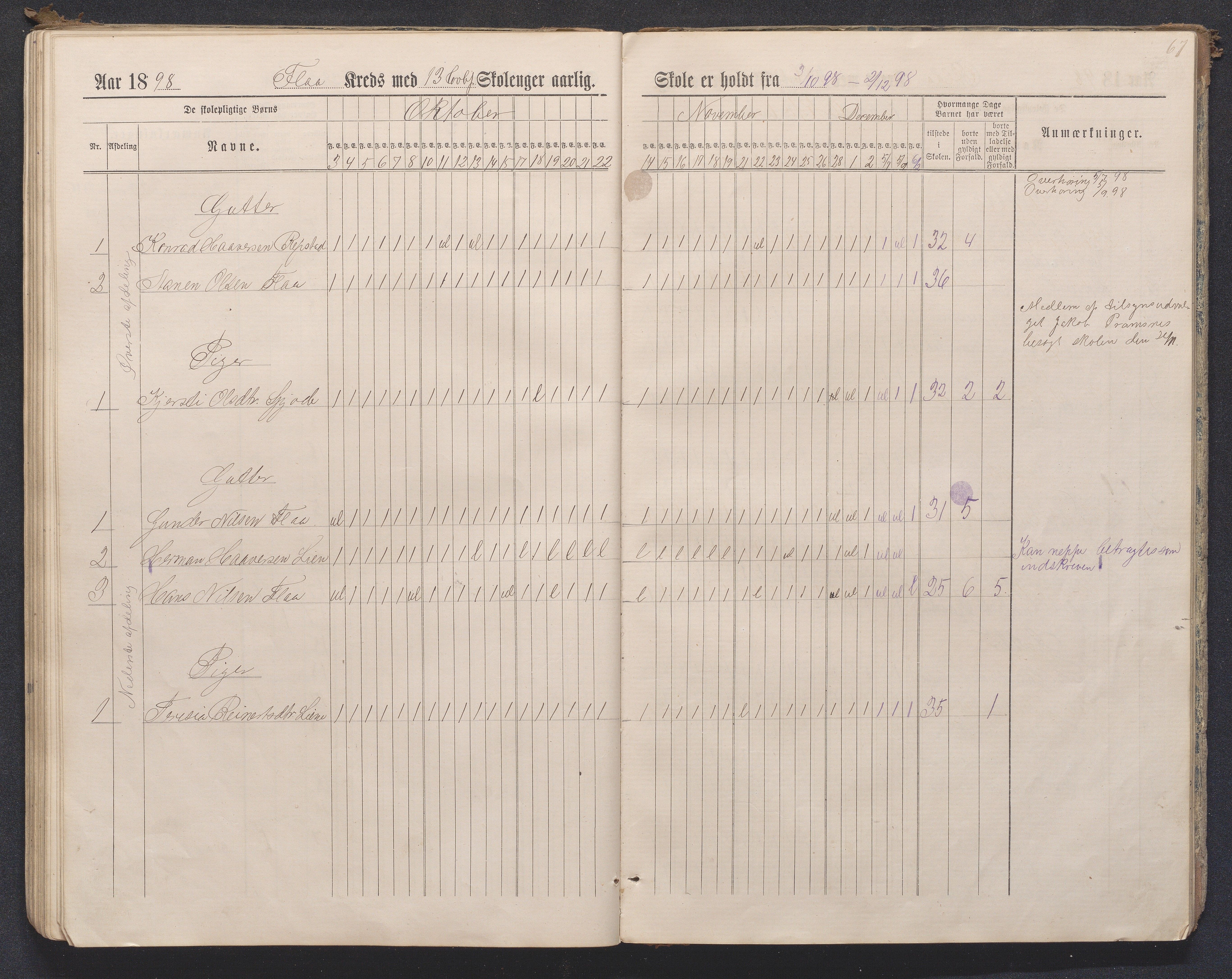 Birkenes kommune, Flå, Senumstad og Rislå skolekretser frem til 1991, AAKS/KA0928-550b_91/F02/L0001: Dagbok for Flå og Rislå, 1886-1900, p. 67