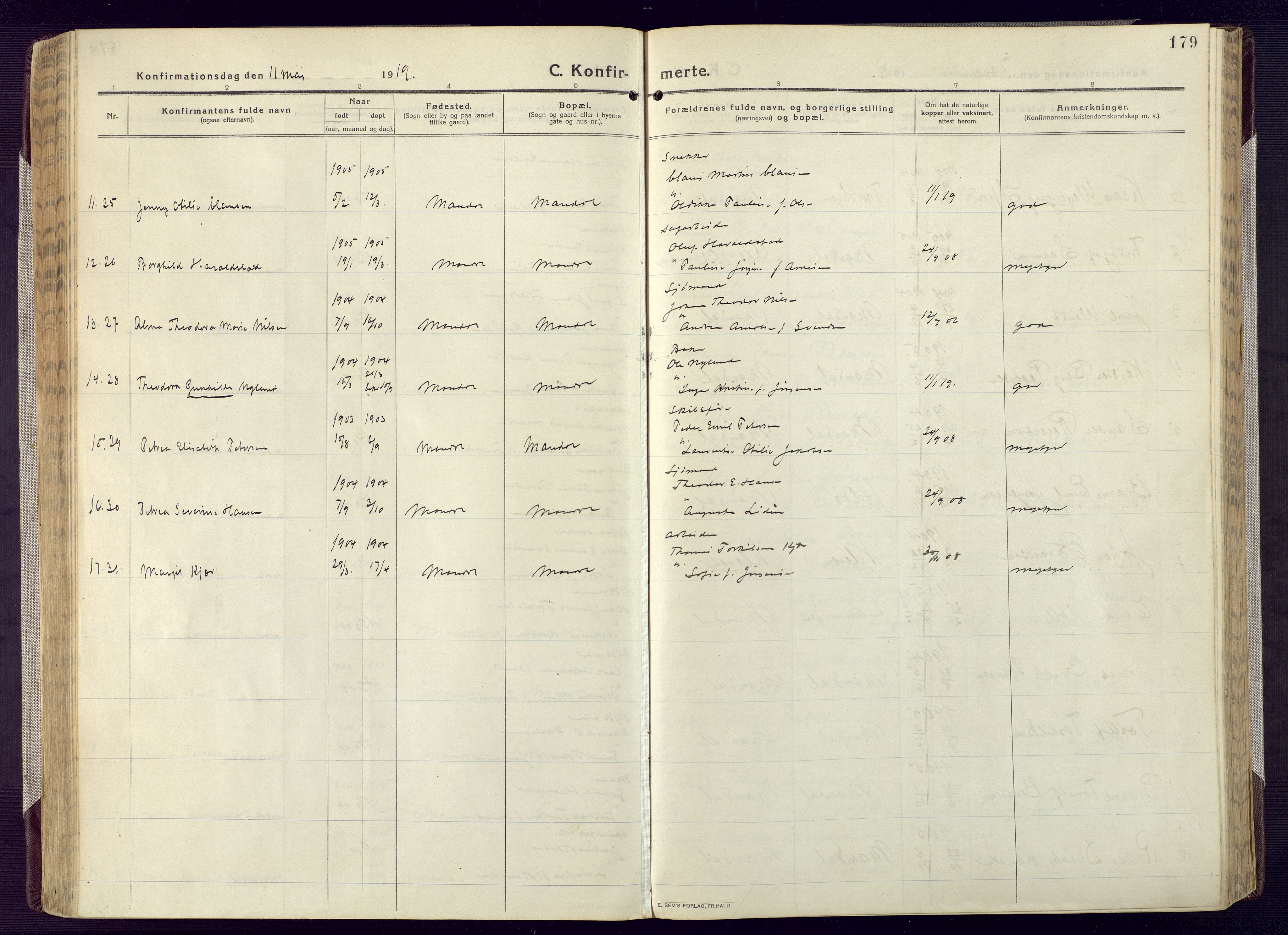 Mandal sokneprestkontor, AV/SAK-1111-0030/F/Fa/Fac/L0001: Parish register (official) no. A 1, 1913-1925, p. 179