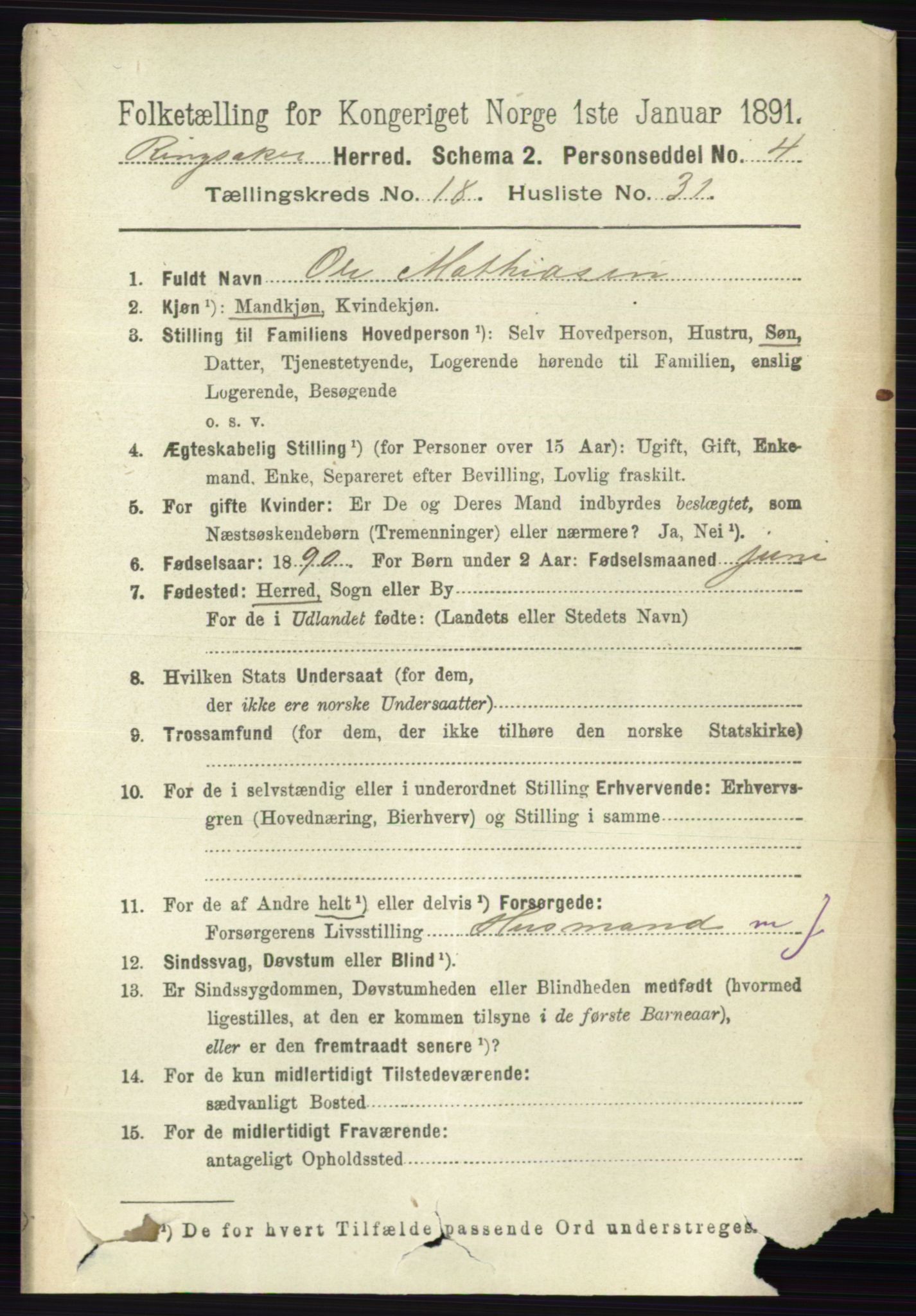 RA, 1891 census for 0412 Ringsaker, 1891, p. 10521