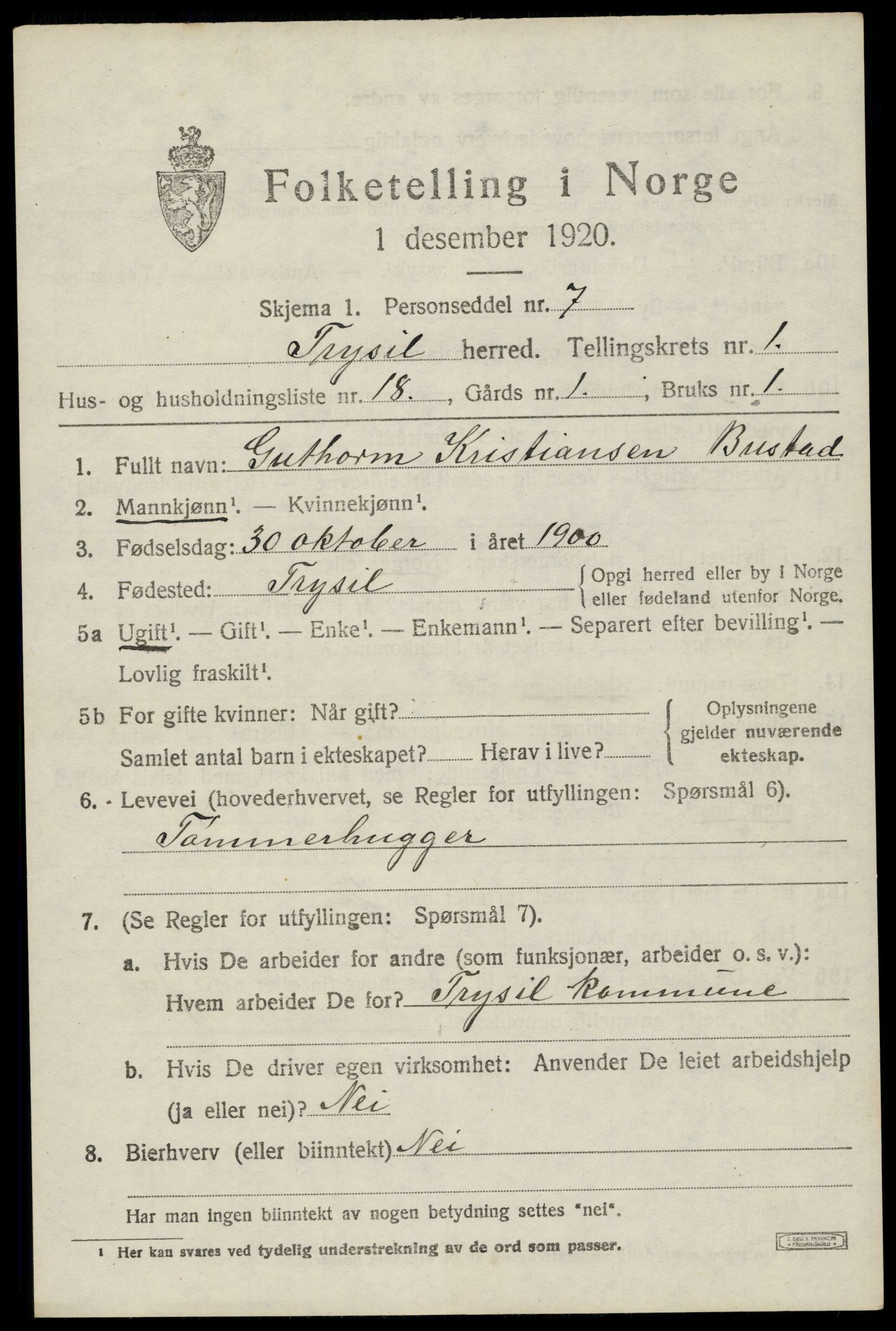 SAH, 1920 census for Trysil, 1920, p. 2773