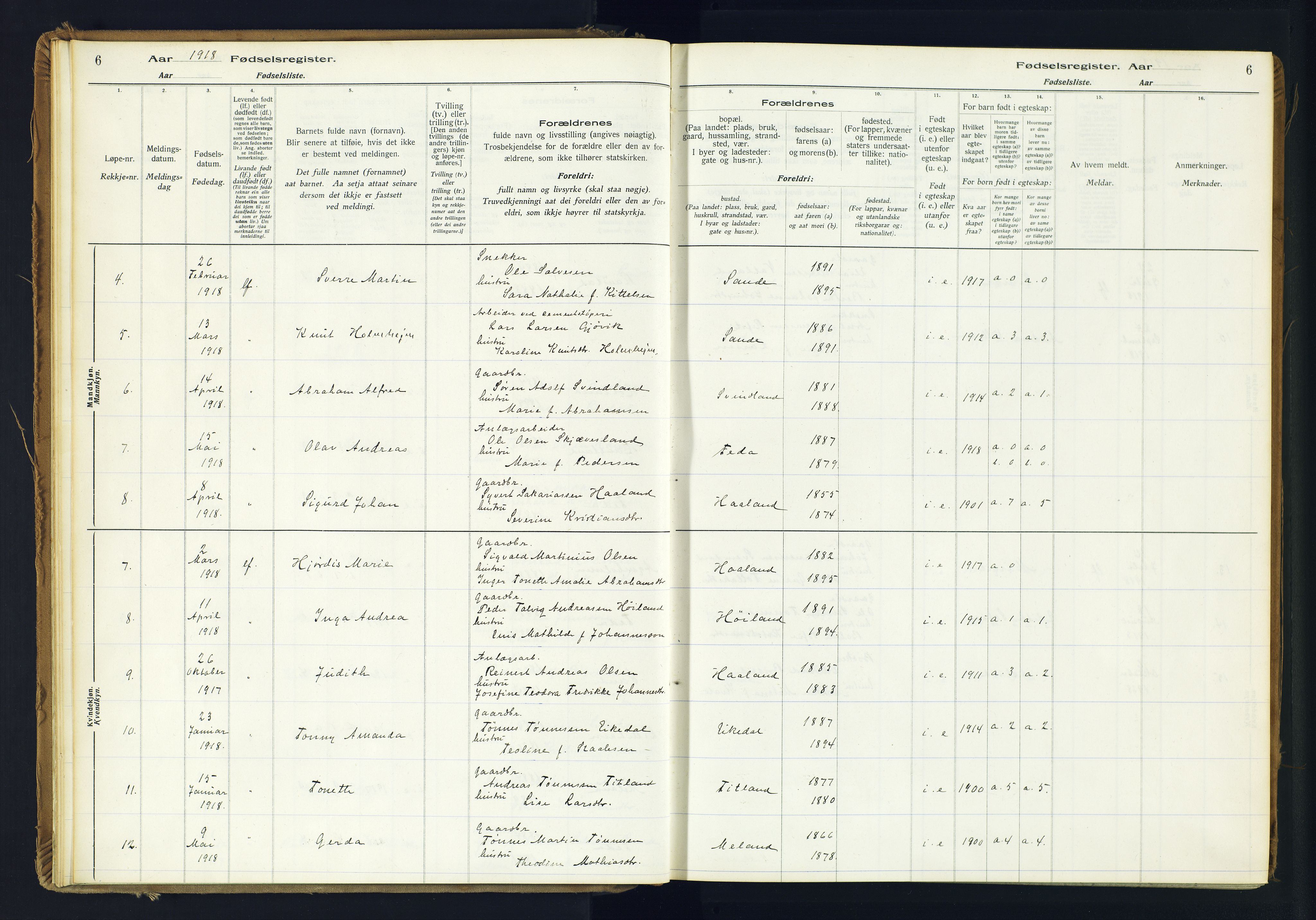 Kvinesdal sokneprestkontor, AV/SAK-1111-0026/J/Ja/L0005: Birth register no. 5, 1916-1982, p. 6