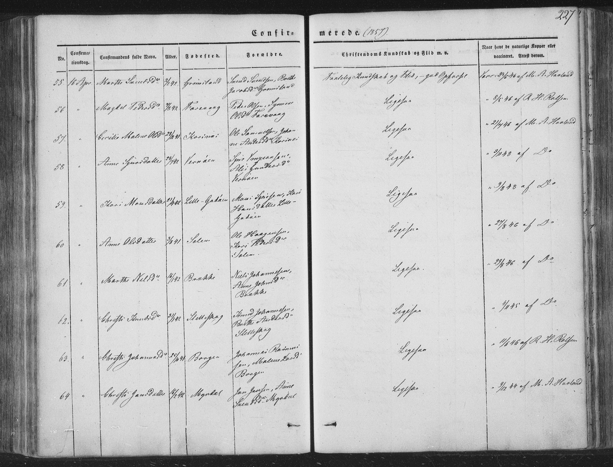 Tysnes sokneprestembete, AV/SAB-A-78601/H/Haa: Parish register (official) no. A 10, 1848-1859, p. 227