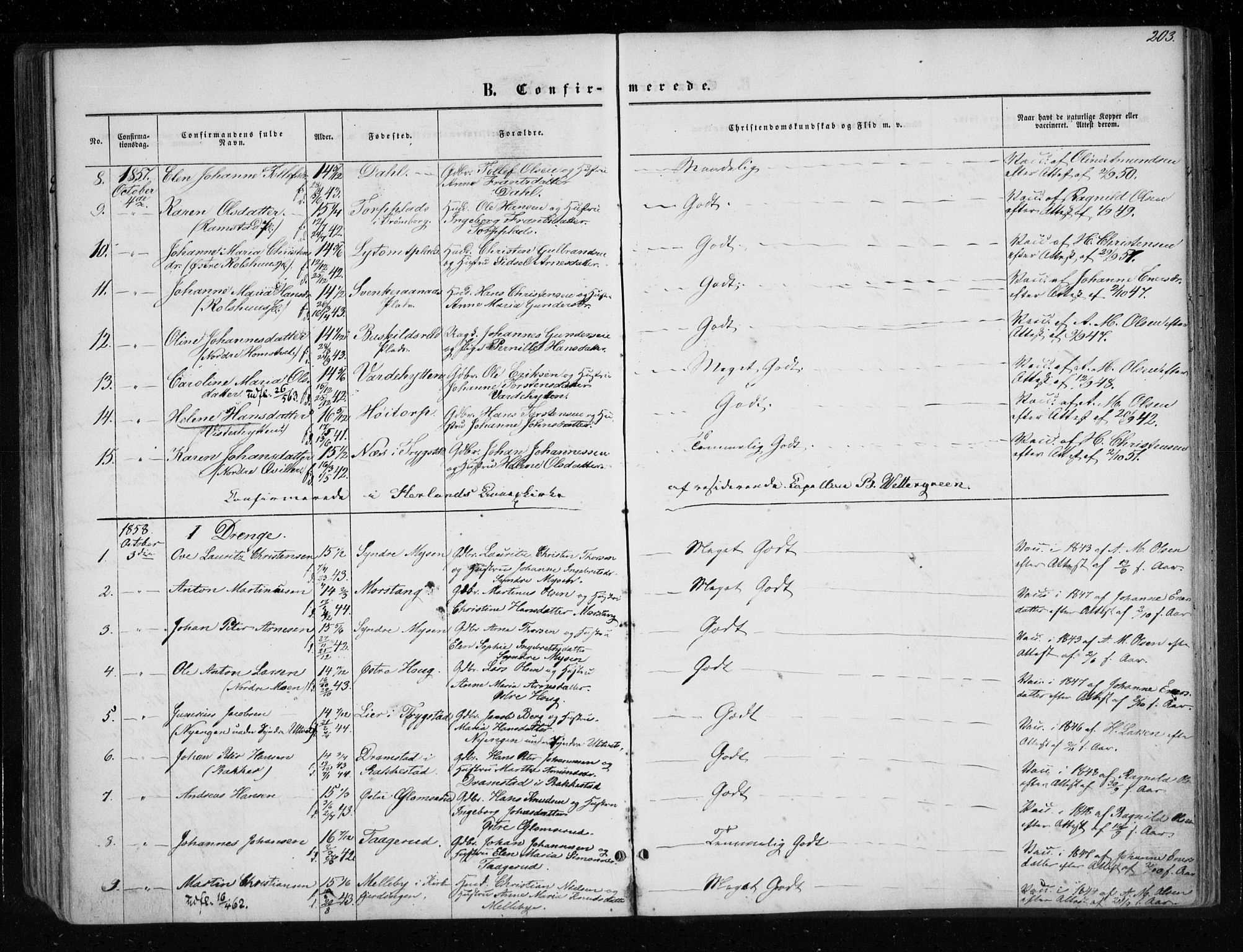 Eidsberg prestekontor Kirkebøker, AV/SAO-A-10905/F/Fa/L0010.a: Parish register (official) no. I 10A, 1857-1866, p. 203