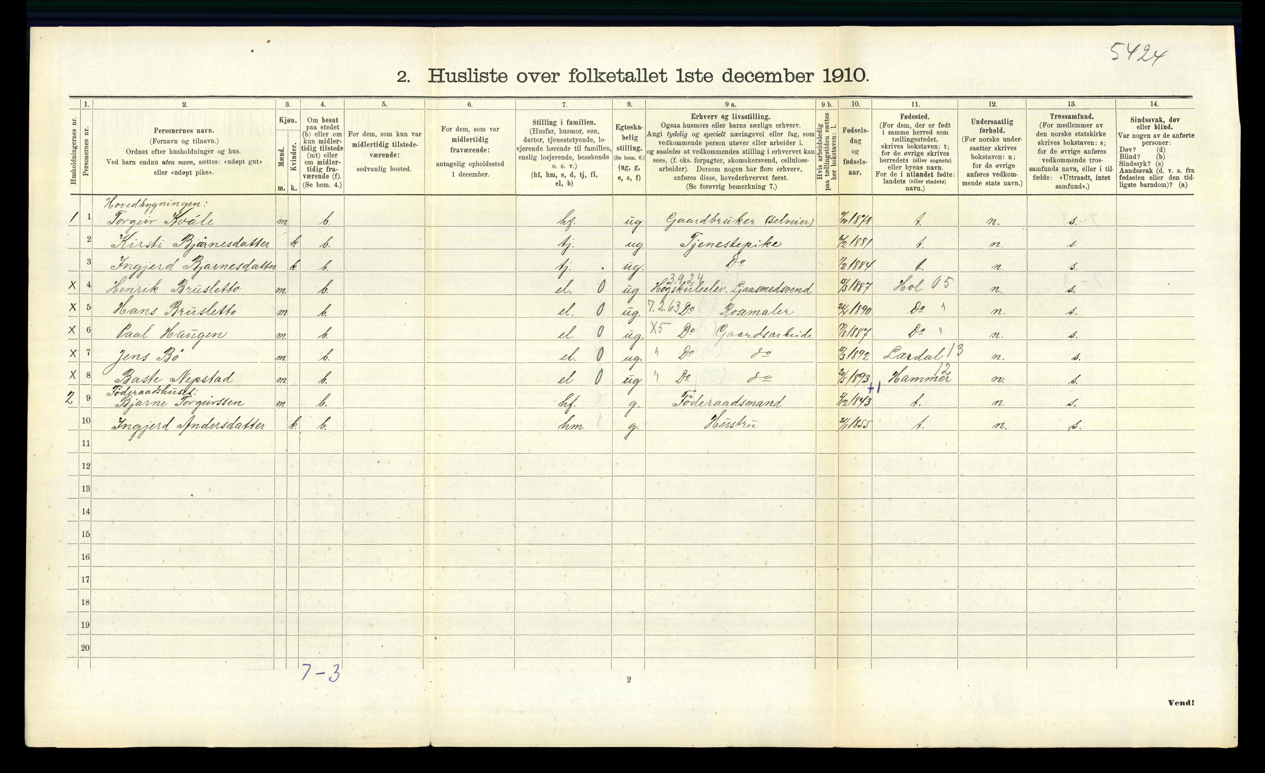 RA, 1910 census for Voss, 1910, p. 339