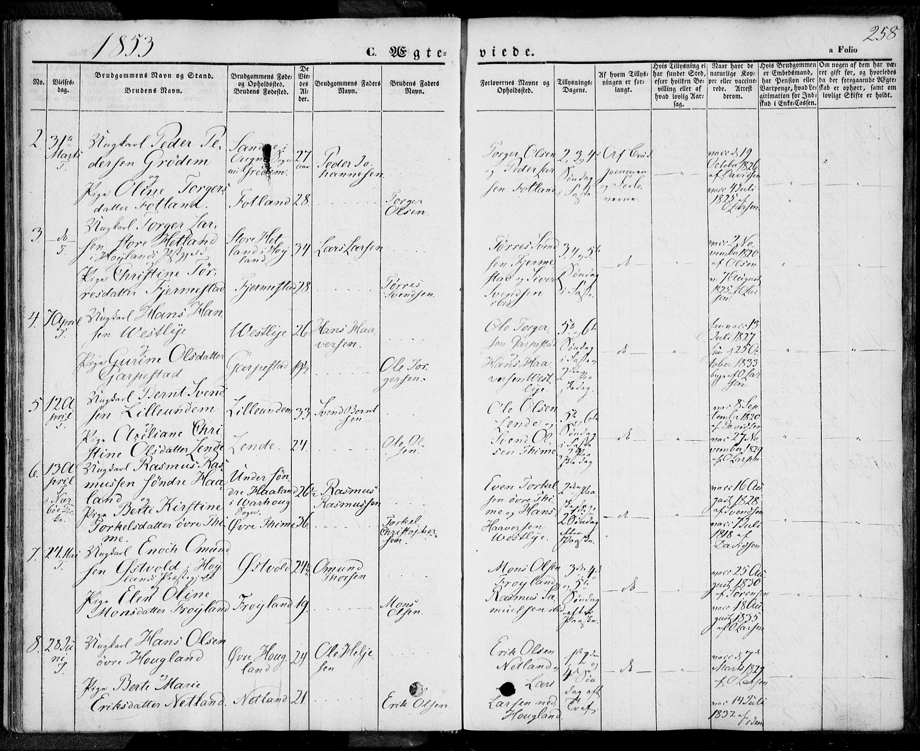 Lye sokneprestkontor, AV/SAST-A-101794/001/30BA/L0006: Parish register (official) no. A 5.2, 1842-1855, p. 258