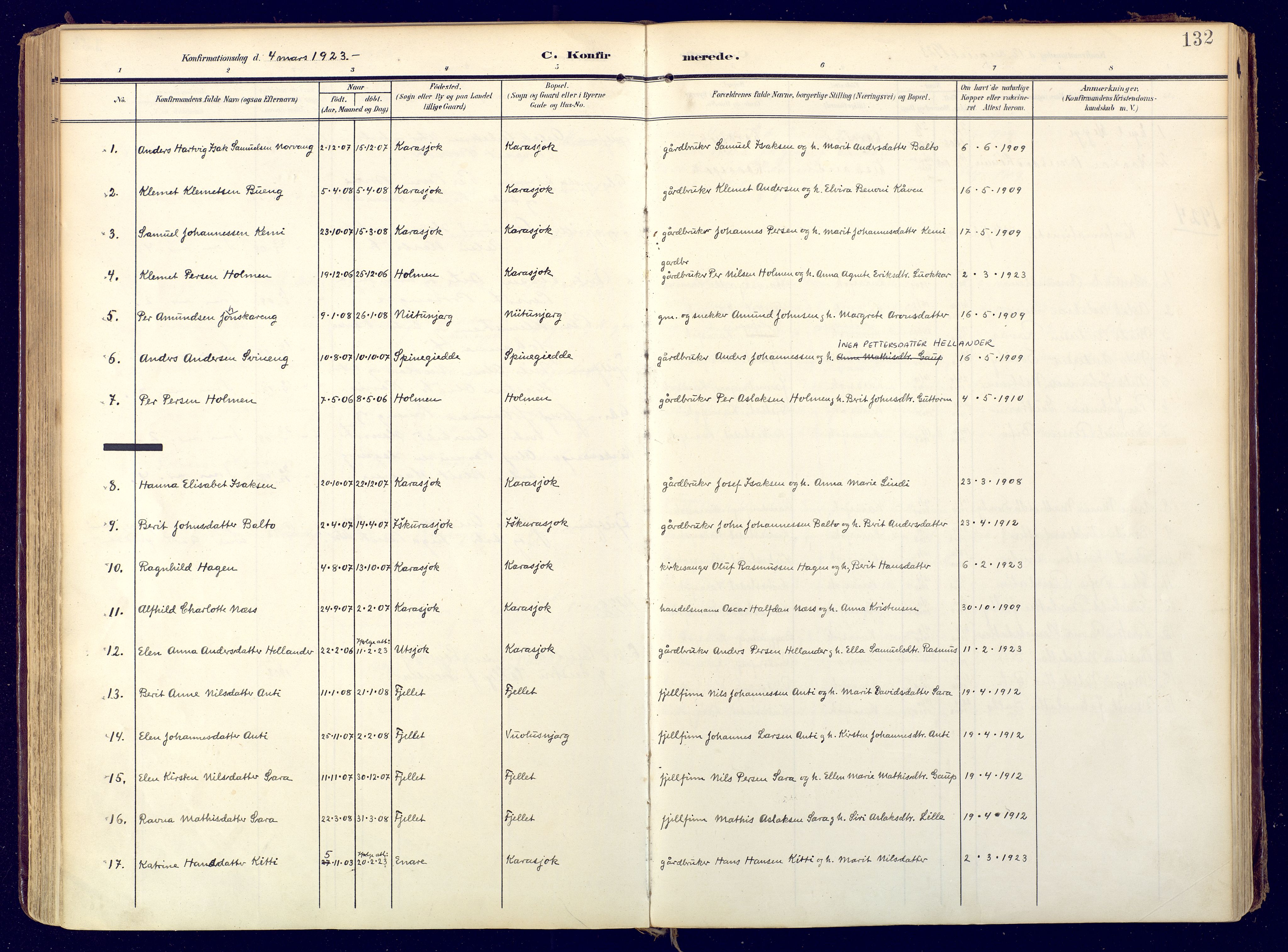 Karasjok sokneprestkontor, SATØ/S-1352/H/Ha: Parish register (official) no. 3, 1907-1926, p. 132