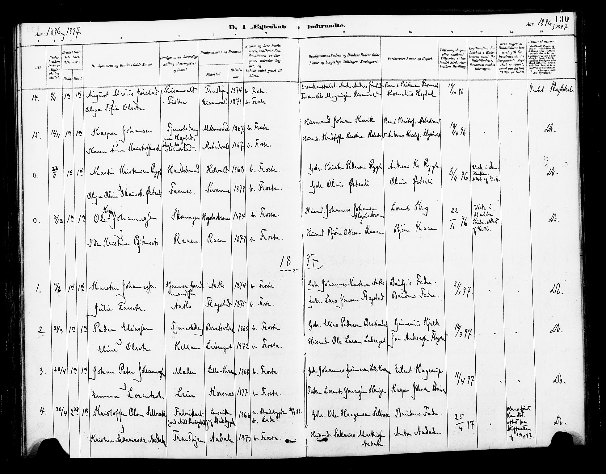 Ministerialprotokoller, klokkerbøker og fødselsregistre - Nord-Trøndelag, AV/SAT-A-1458/713/L0121: Parish register (official) no. 713A10, 1888-1898, p. 130