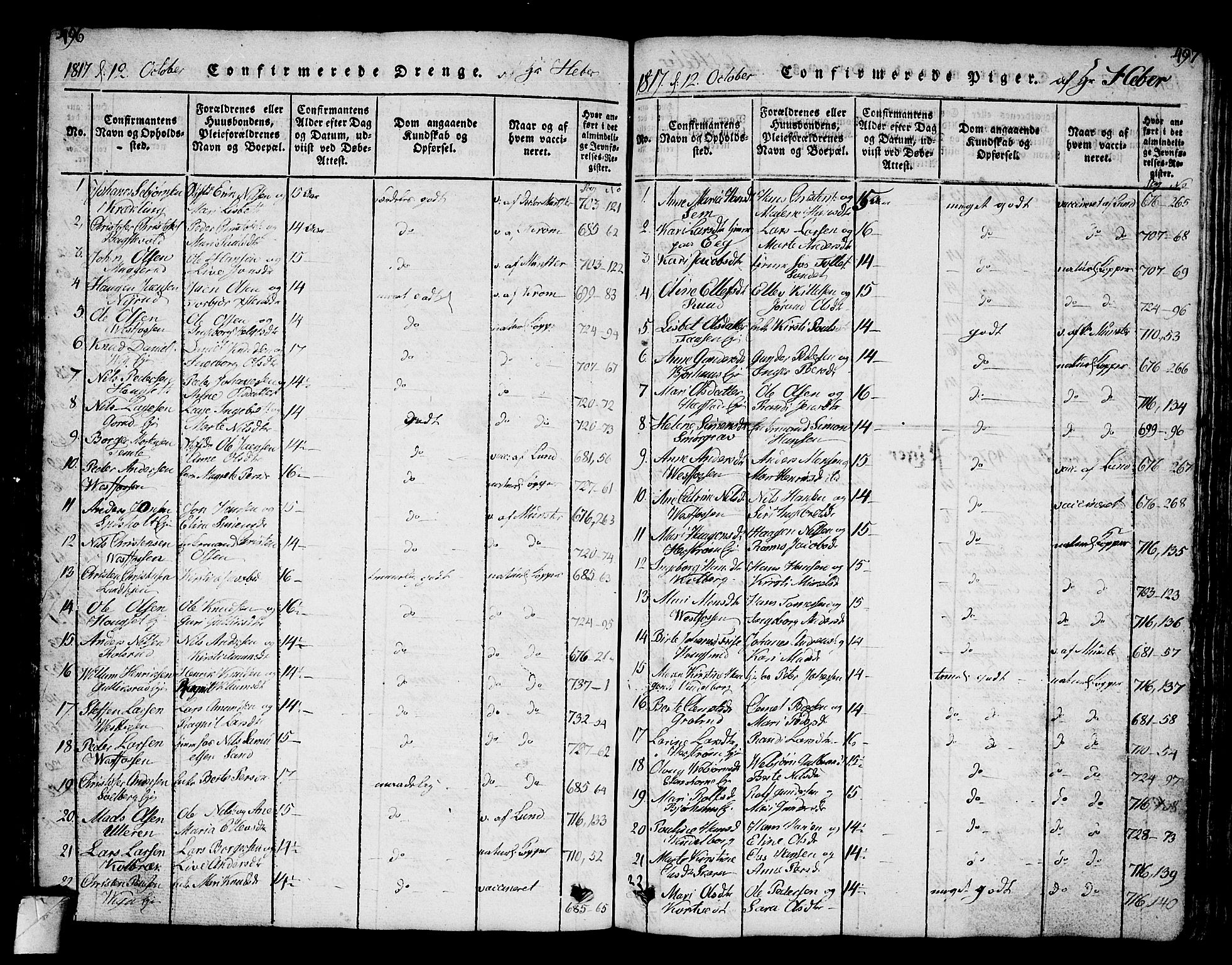 Eiker kirkebøker, AV/SAKO-A-4/G/Ga/L0001: Parish register (copy) no. I 1, 1814-1832, p. 496-497