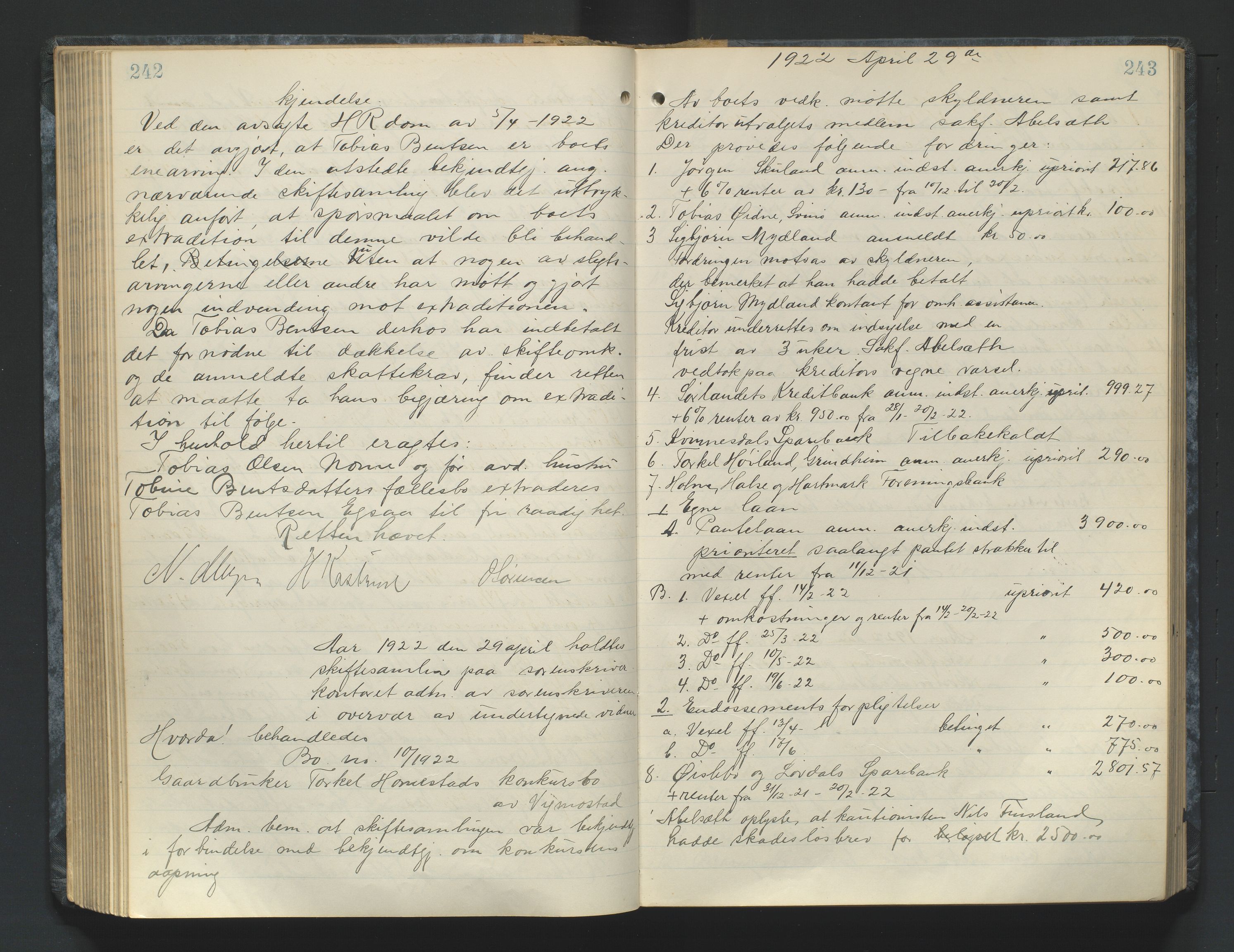 Mandal sorenskriveri, AV/SAK-1221-0005/001/H/Hc/L0084: Skifteforhandlingsprotokoll nr 16, 1921-1924, p. 242-243