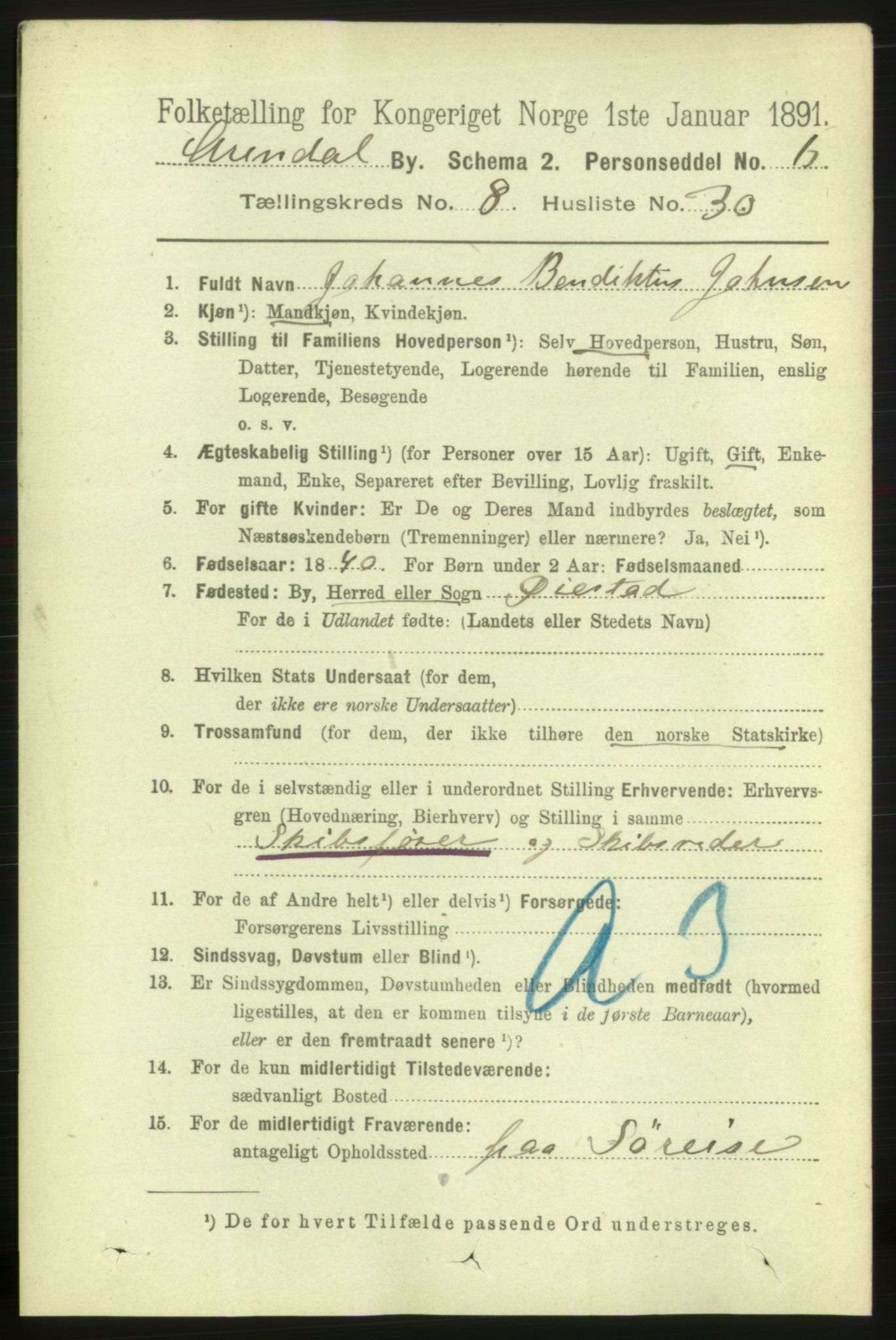 RA, 1891 census for 0903 Arendal, 1891, p. 3213